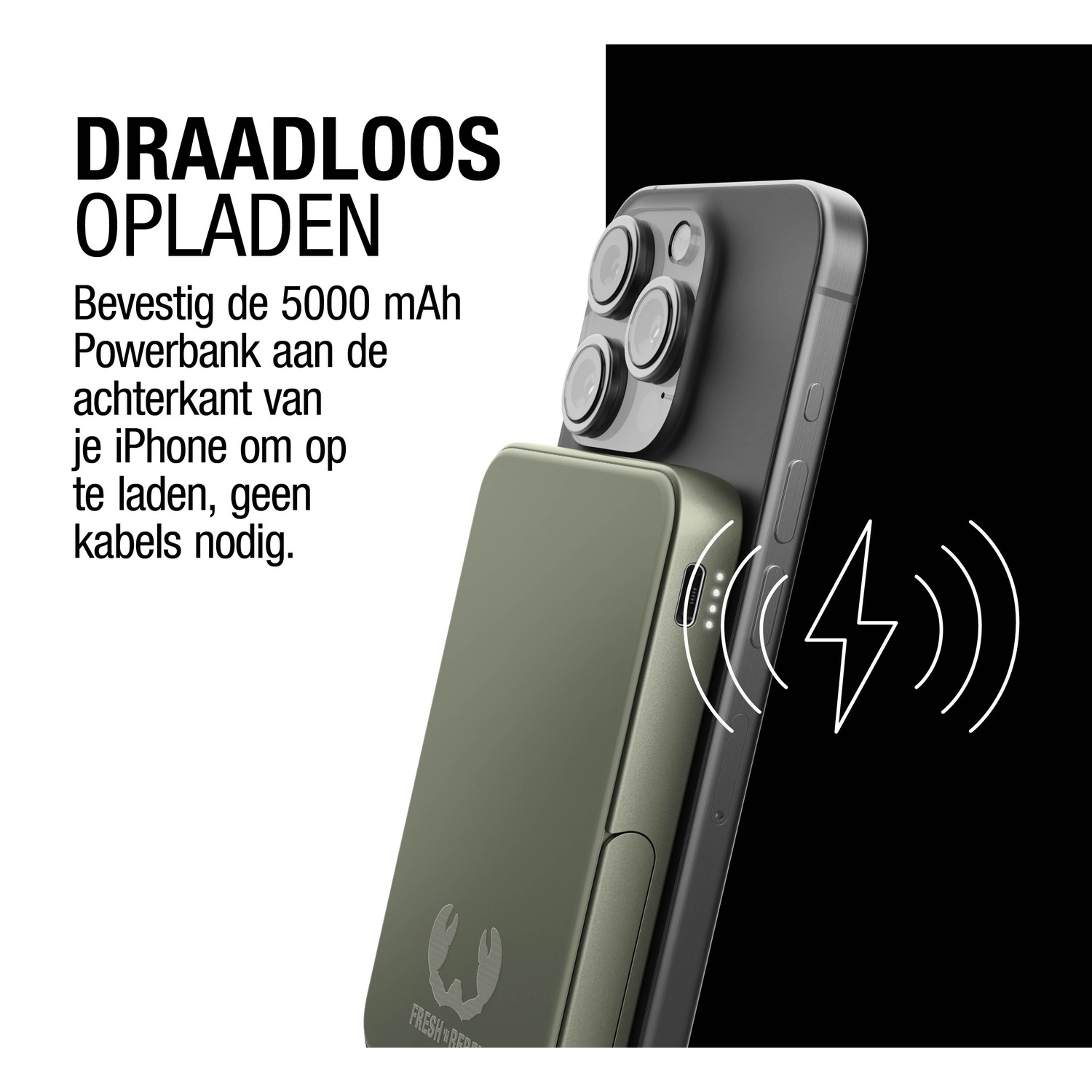 An iPhone with an olive green power bank attached. Wireless charging symbol is on the side. Text says 'Wireless Charging'.