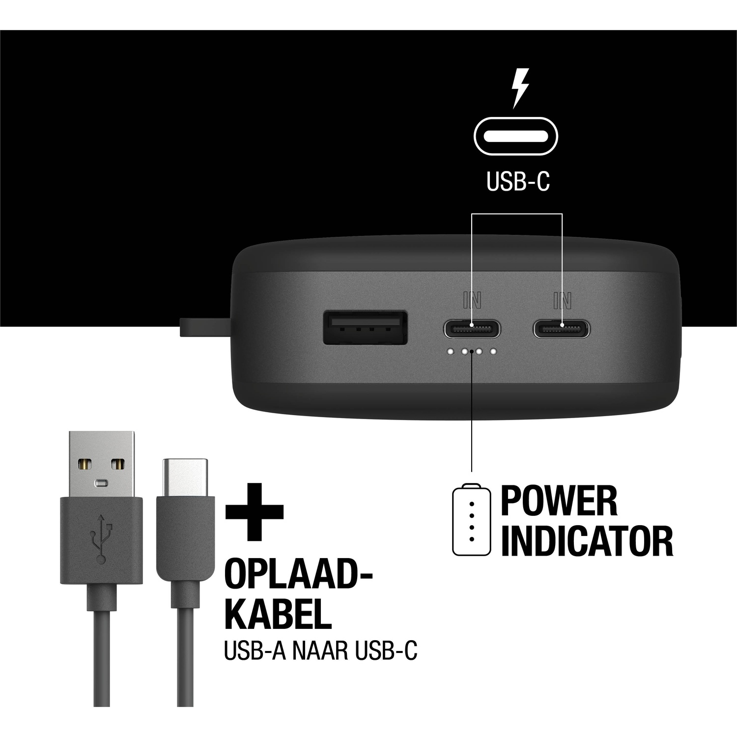 Image shows a power bank with USB-C ports, USB-A to USB-C charging cable, and power indicator on a white background.