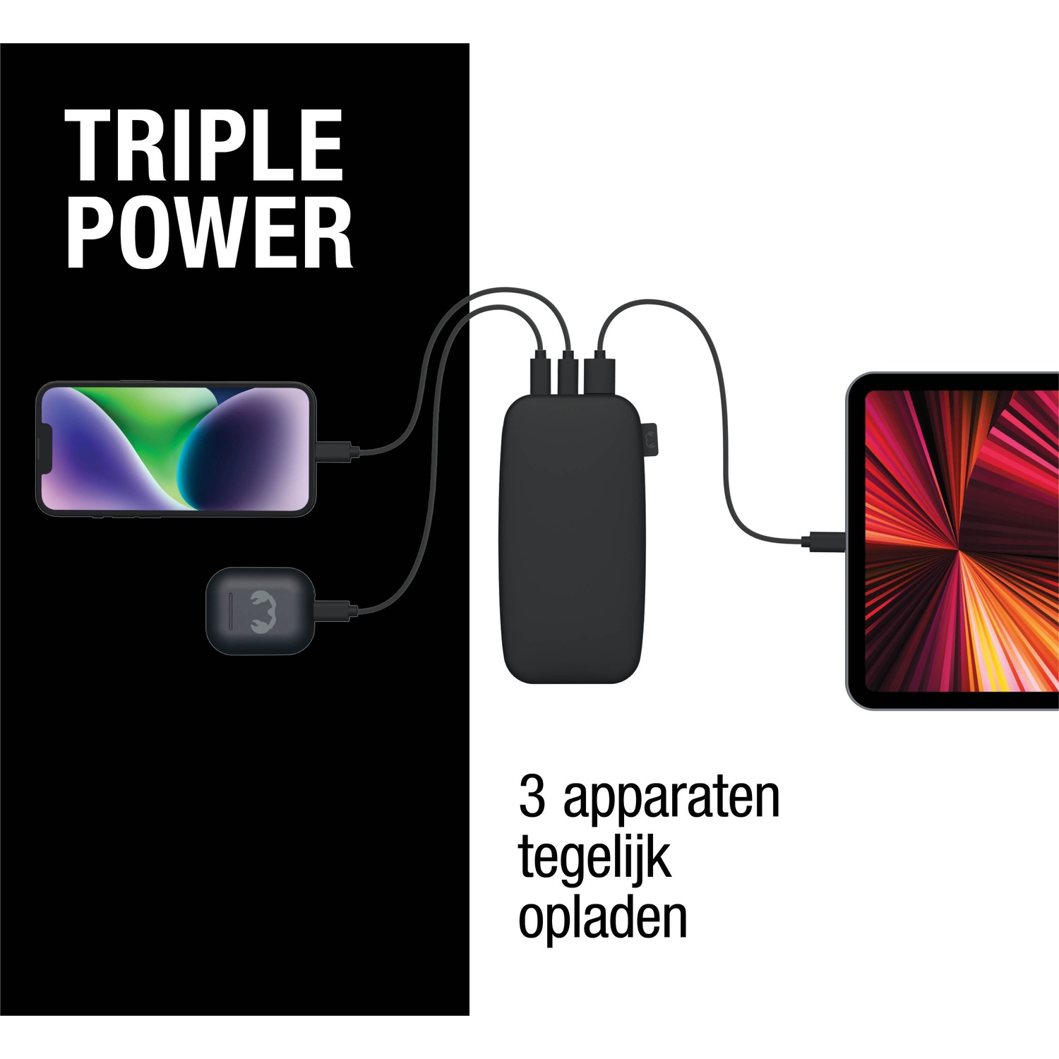 Image shows a black power bank charging an iPhone, an iPad, and an earbud case. Text reads 'Triple Power' and '3 devices charging'.