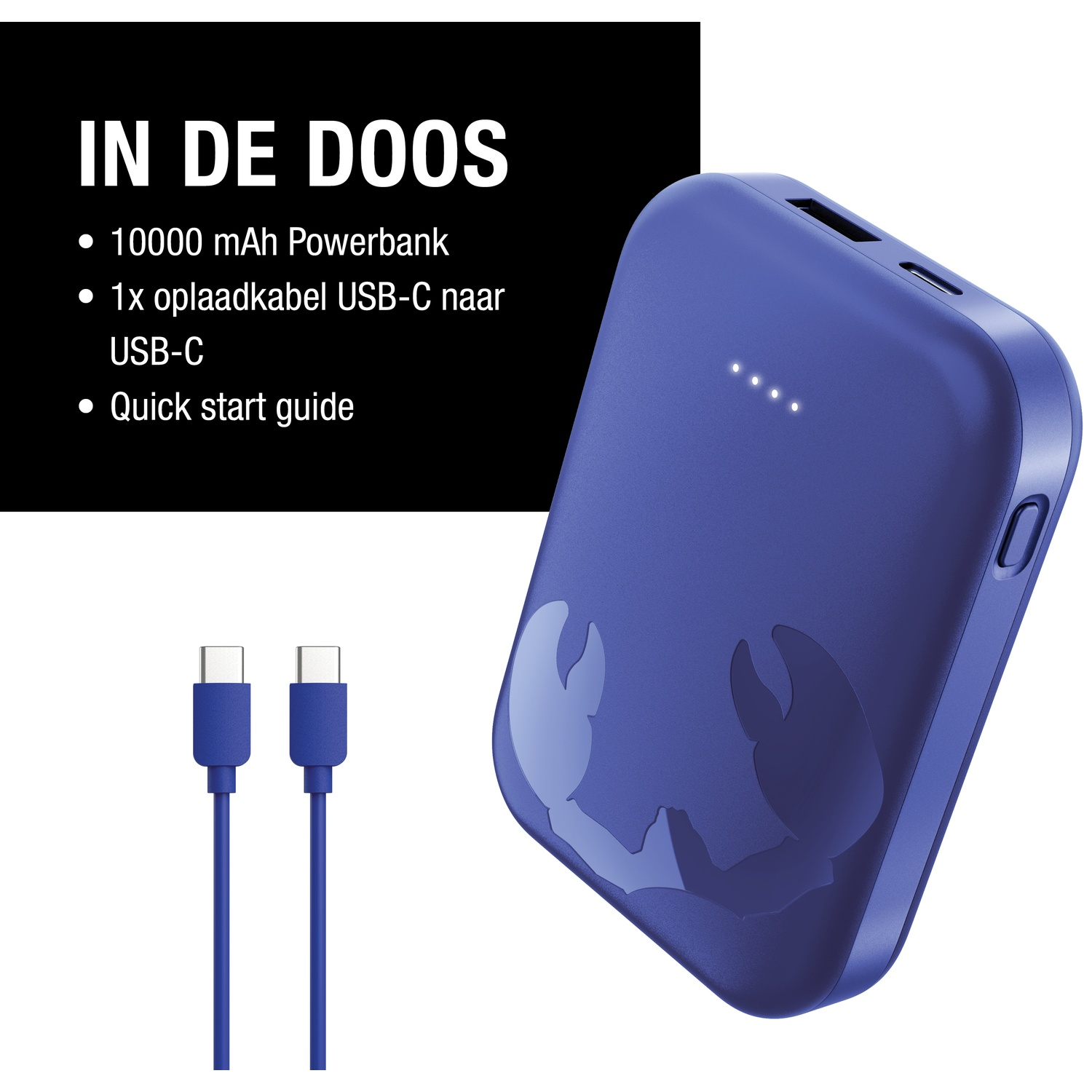Une banque d'alimentation bleue avec un câble USB-C. Texte à gauche: 10000 mAh Powerbank, câble USB-C et guide de démarrage rapide.
