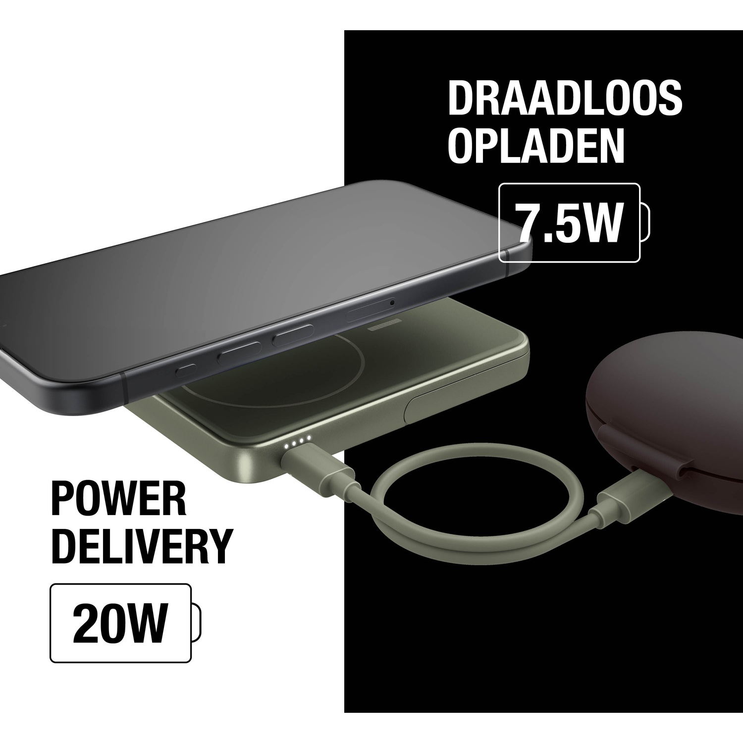 A phone on a wireless charger, connected to a power source. Text shows 20W power delivery and 7.5W wireless charging.