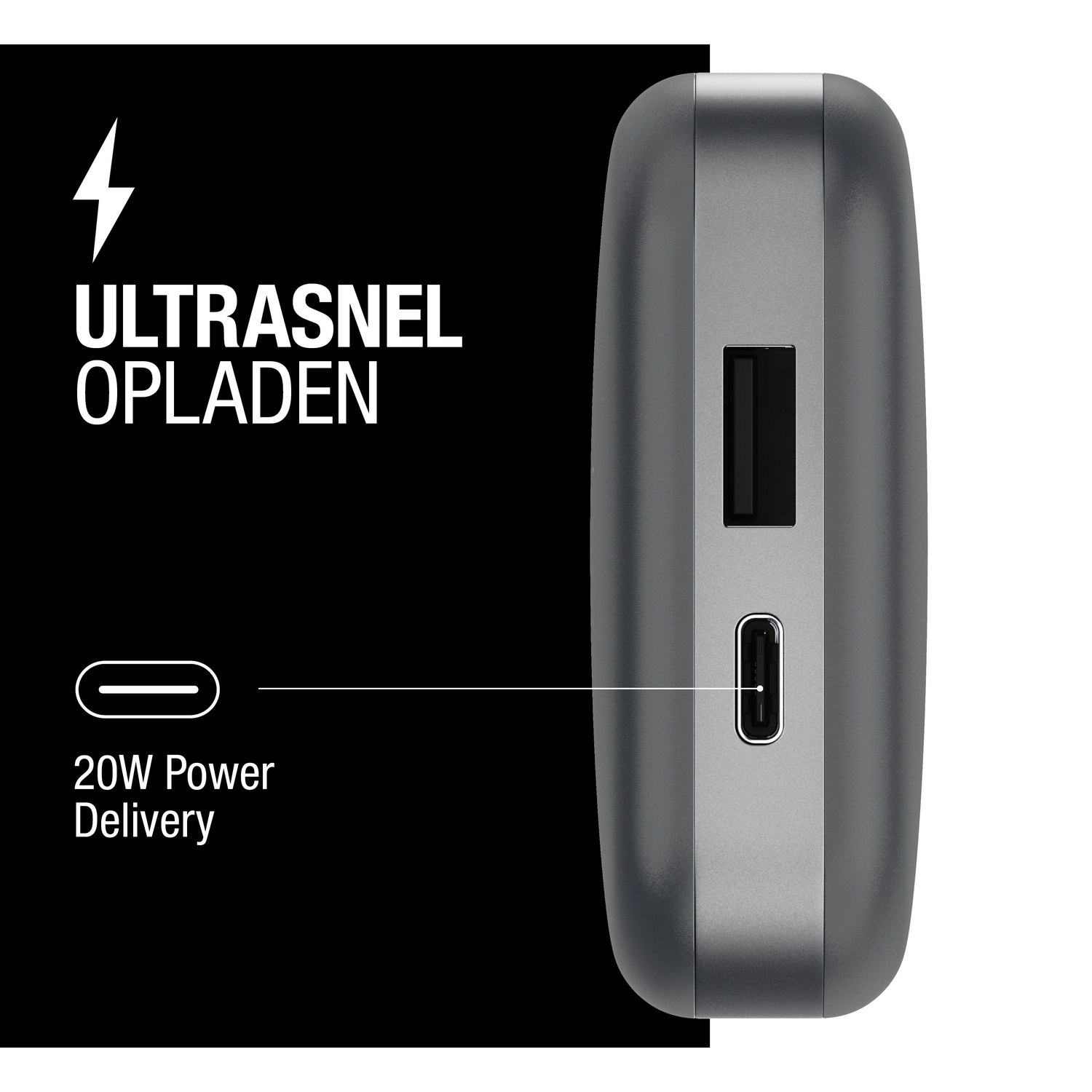 Une batterie externe grise avec ports USB et USB-C. Texte : 'Ultrasnel Opladen' et '20W Power Delivery'.