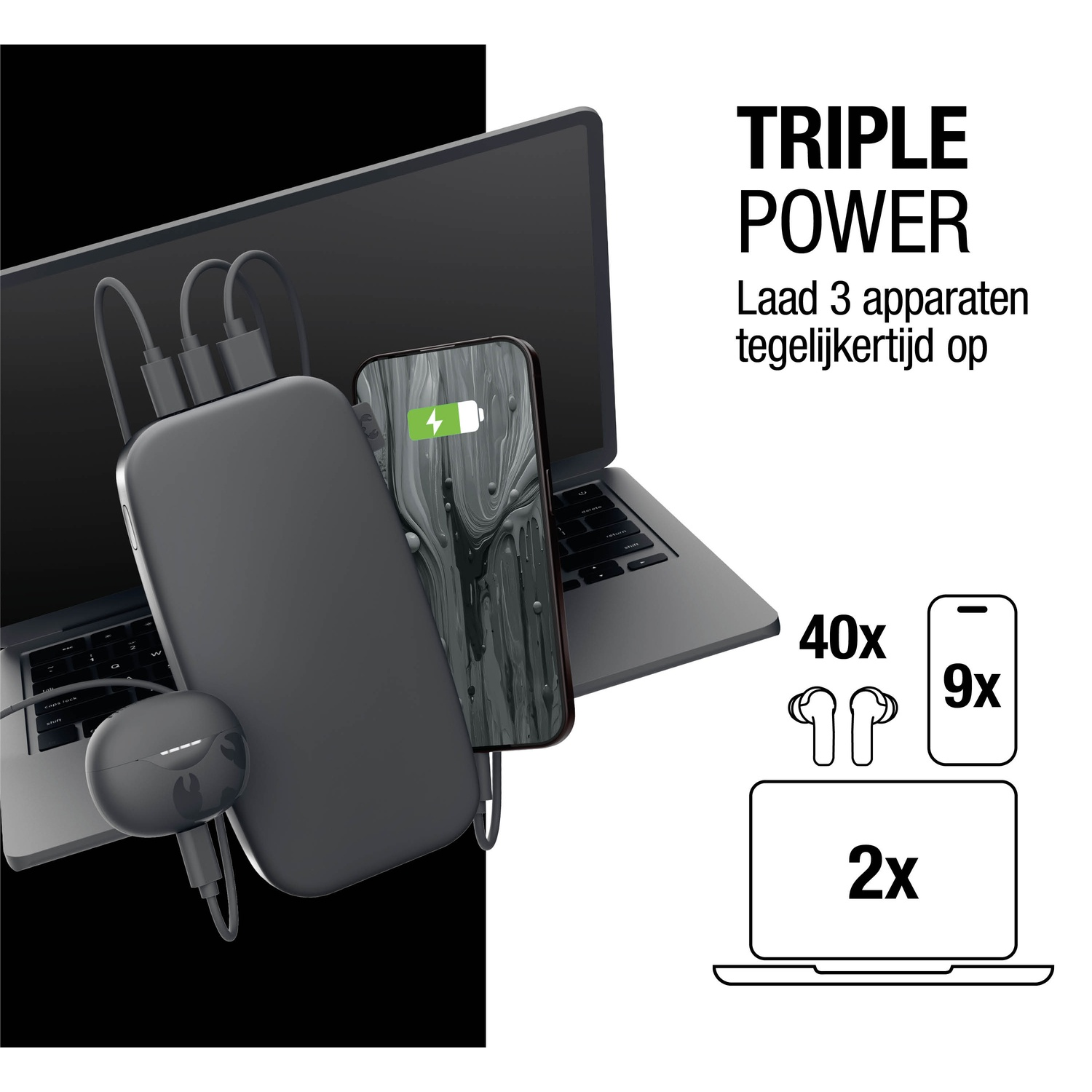 Afbeelding toont oplaadapparaten: laptop, telefoon, oordopjes verbonden met een powerbank. Tekst: Triple Power, laad 3 apparaten tegelijk op.