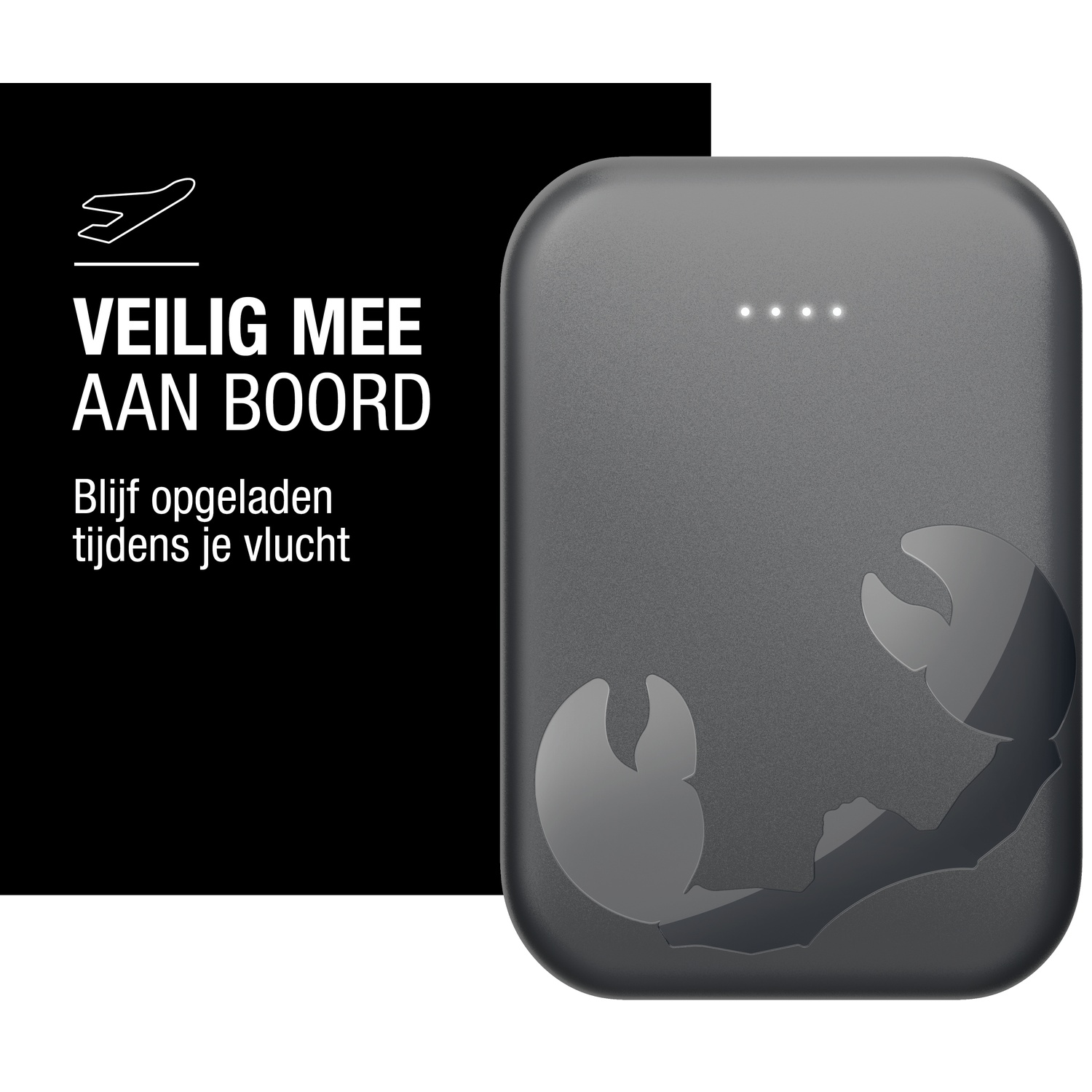 Une batterie externe gris foncé avec un logo scorpion. Le texte à gauche dit 'sûr à bord' et 'restez chargé pendant votre vol'.