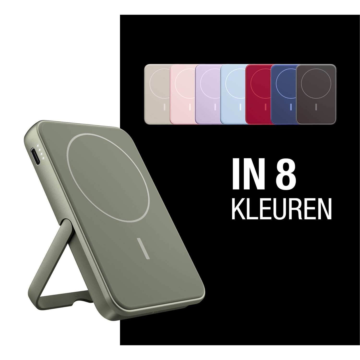 A green wireless charger with a stand is shown. Eight color options are displayed above the text 'IN 8 KLEUREN' on black background.