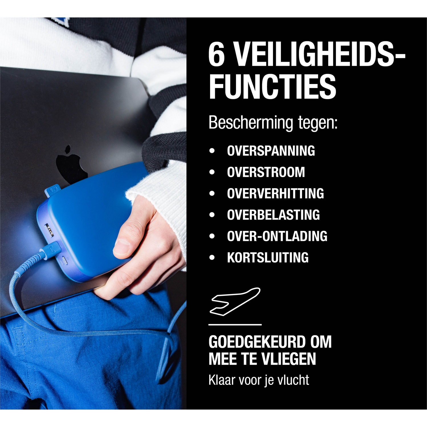 Een persoon houdt een blauwe powerbank vast die op een laptop is aangesloten. Tekst rechts geeft veiligheidsfuncties weer.