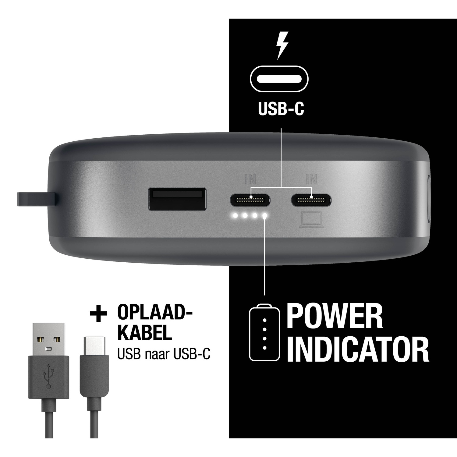 Een powerbank met USB-C-poorten, een USB-kabel en een stroomindicator. De tekst omvat 'USB-C', 'Power Indicator' en '+ OPLAAD-KABEL'.
