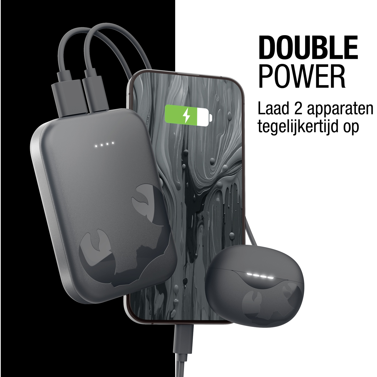 L'image montre un téléphone, une banque d'alimentation et des écouteurs. Le téléphone affiche une icône de chargement. Le texte indique 'DOUBLE POWER' et 'Chargez 2 appareils'.