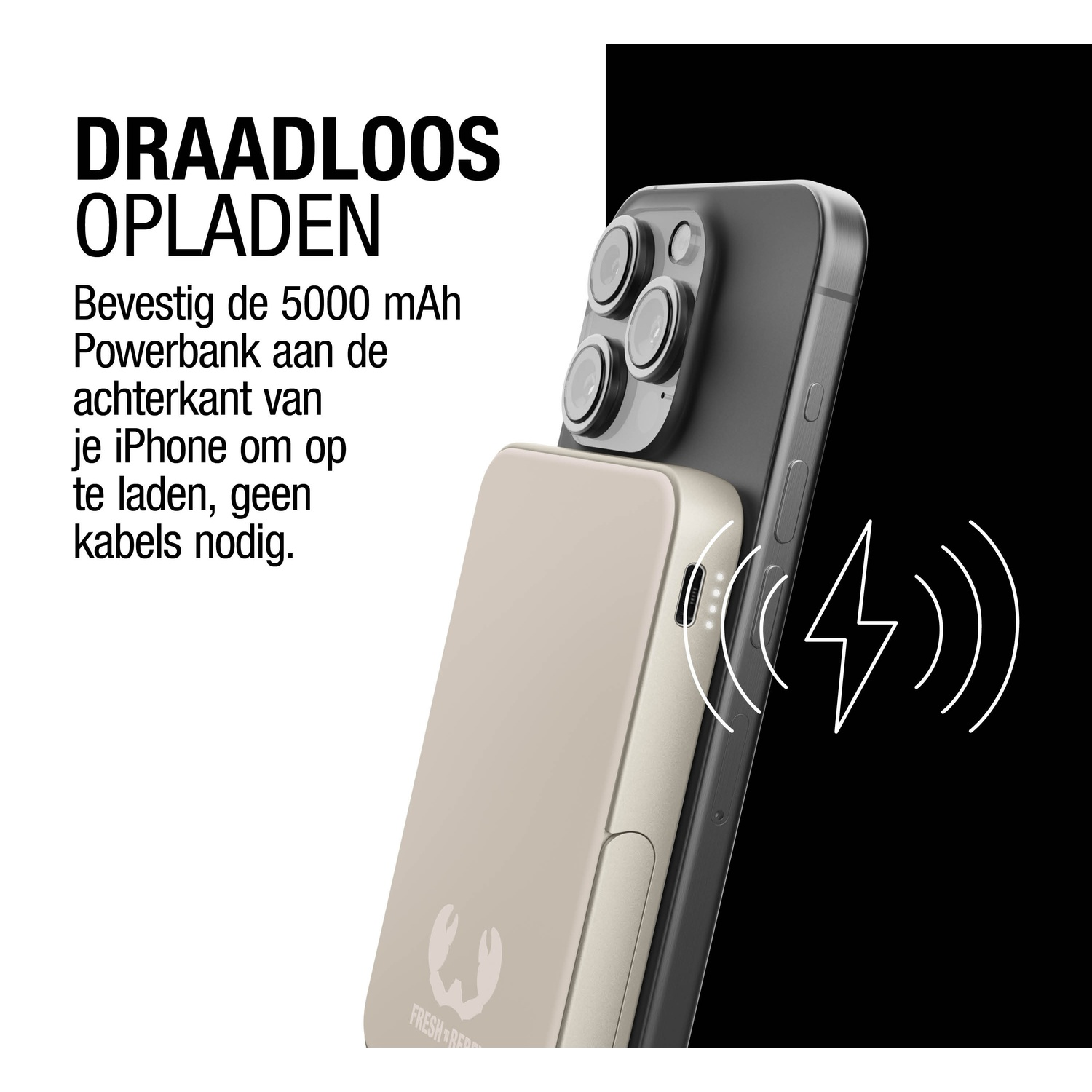 Un iPhone avec une batterie externe beige attachée. Icône de charge sans fil. Texte: DRAADLOOS OPLADEN, signifiant CHARGE SANS FIL.
