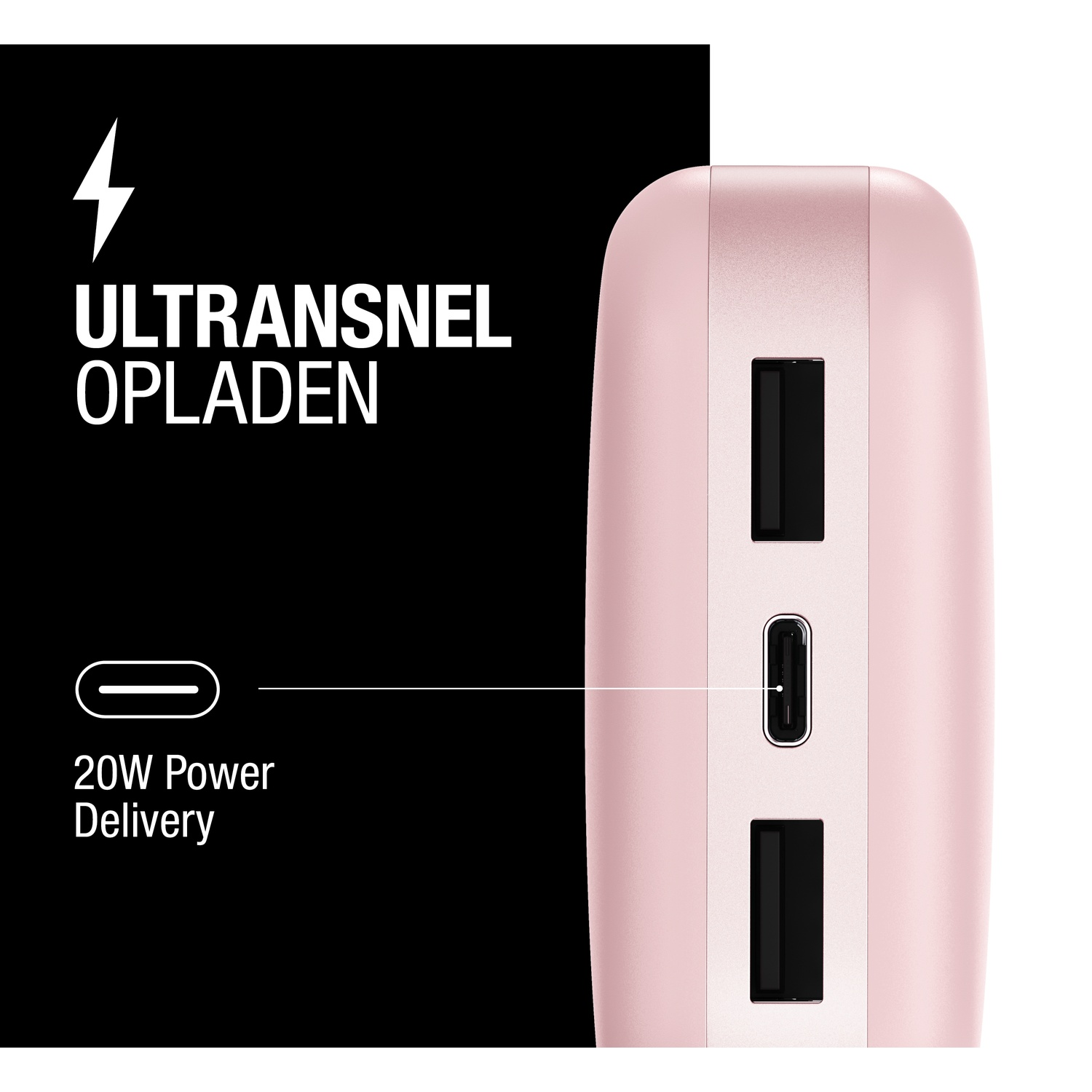 Une batterie externe rose avec ports USB. Il y a le texte 'Ultrasnnel Opladen' et '20W Power Delivery'.