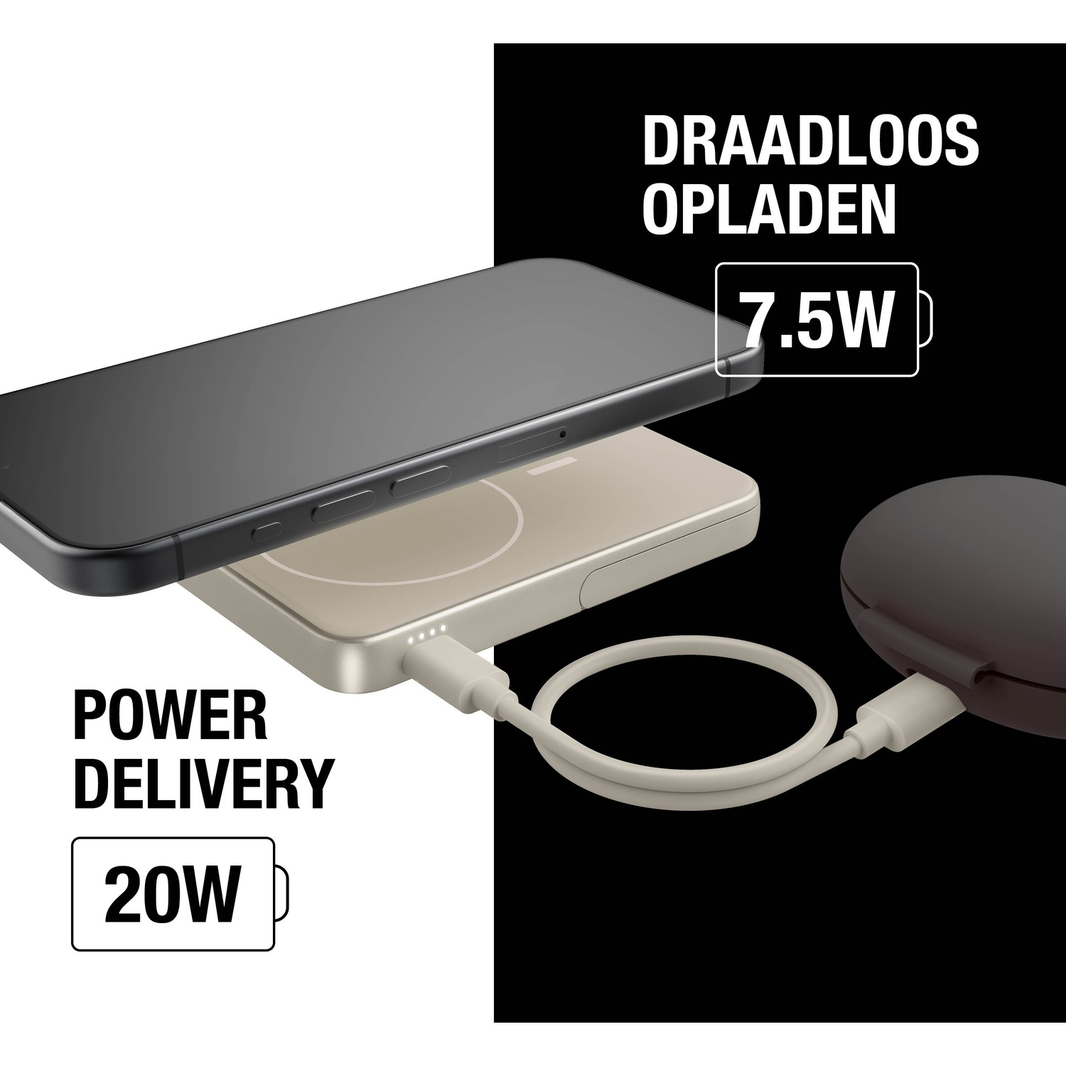 Un téléphone se recharge sans fil sur un socle. Le texte indique 'DRAADLOOS OPLADEN 7.5W' et 'POWER DELIVERY 20W'.