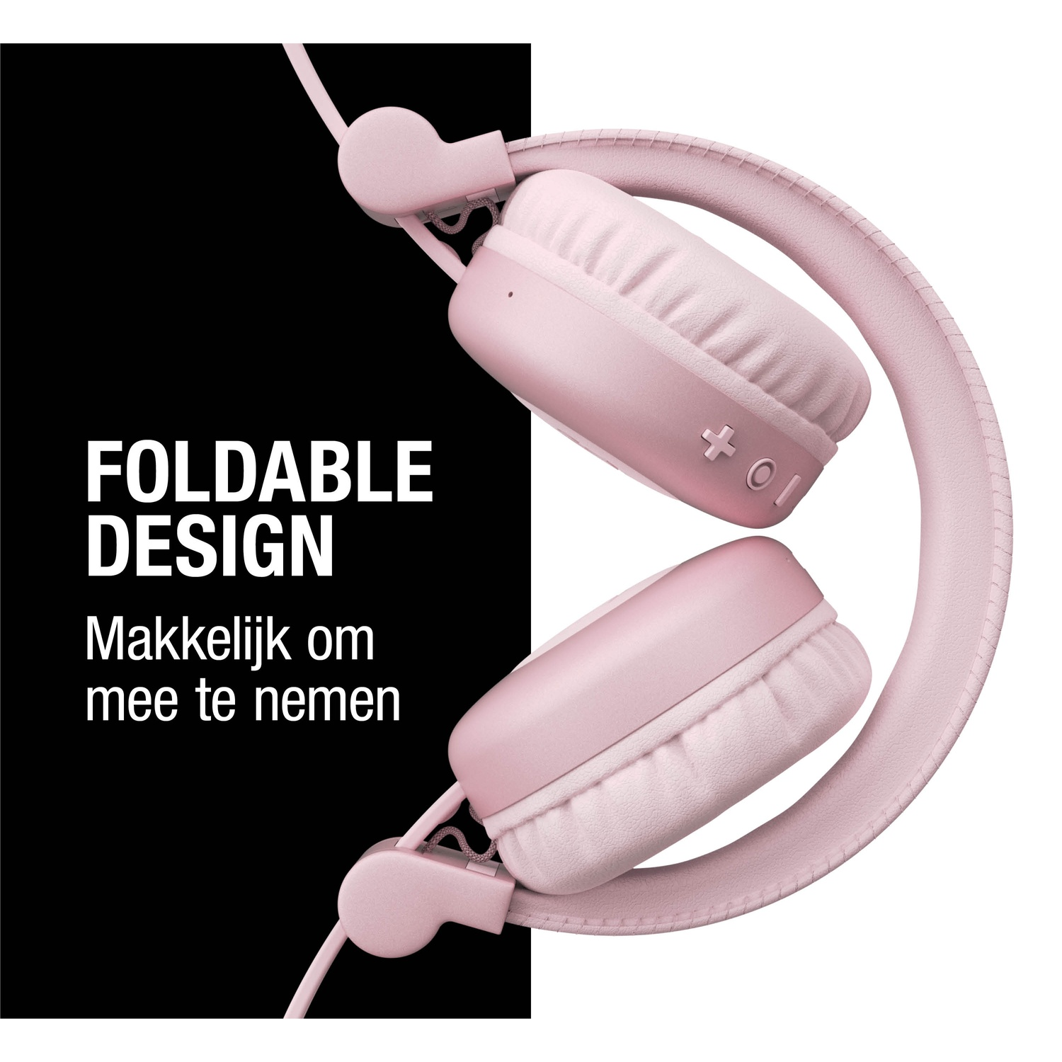 Roze opvouwbare koptelefoon op een witte en zwarte achtergrond, met de woorden 'FOLDABLE DESIGN' en 'Makkelijk om mee te nemen'.
