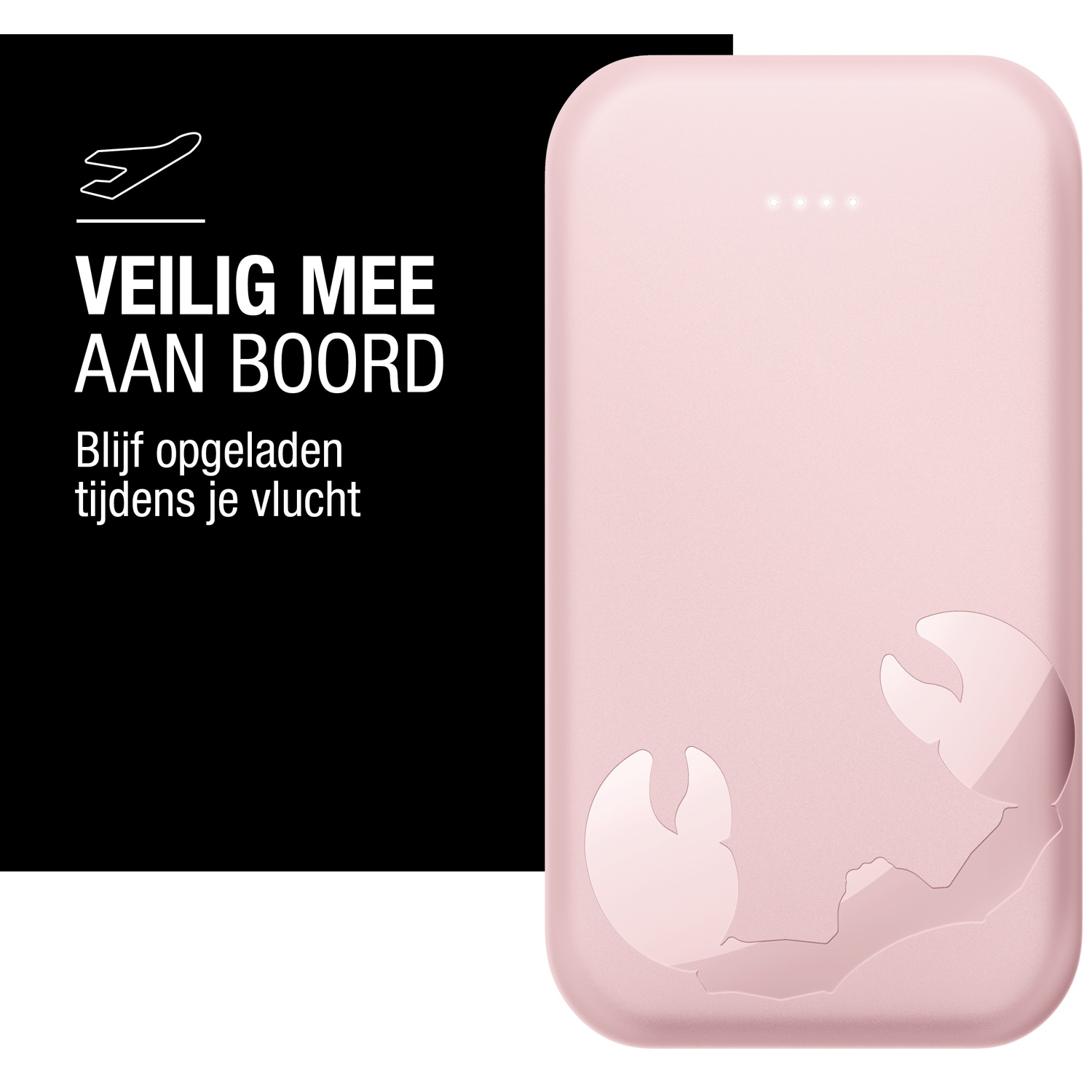 Une batterie externe rose avec un design de crabe. Une zone noire à gauche avec du texte blanc : 'Sûr à bord'.