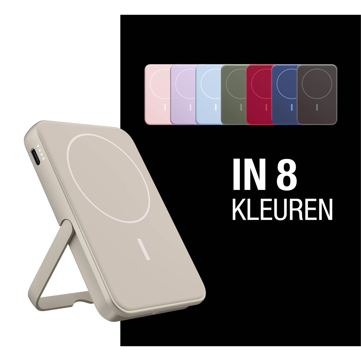 Un chargeur sans fil beige avec support, 7 options de couleur au-dessus. Texte : 'IN 8 KLEUREN' sur fond noir.