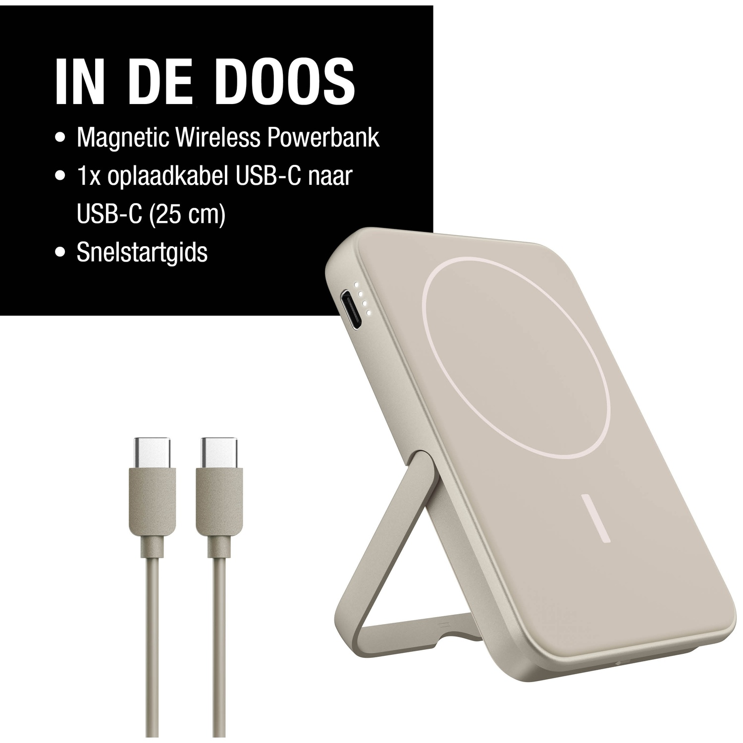 Une banque d'alimentation sans fil avec un câble est montrée. Le texte sur fond noir énumère les éléments inclus : banque d'alimentation, câble USB-C et guide de démarrage rapide.