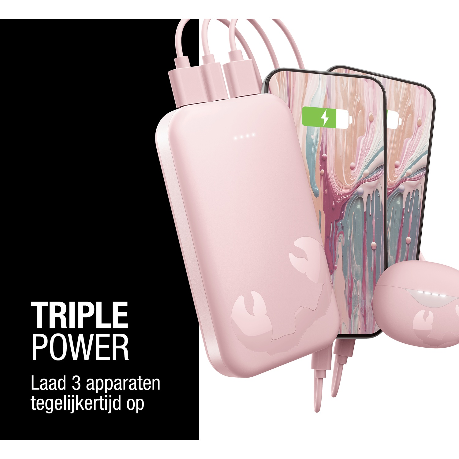 Batterie externe rose chargeant deux téléphones et des écouteurs. Le texte dit triple puissance. Fond noir à gauche.