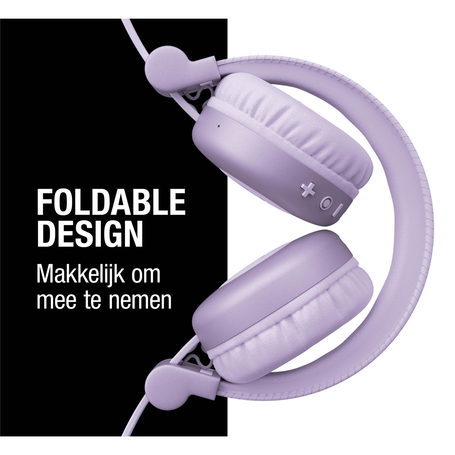 Opvouwbare paarse koptelefoon op witte achtergrond. Zwarte tekst luidt 'Foldable Design' en 'Makkelijk om mee te nemen'.