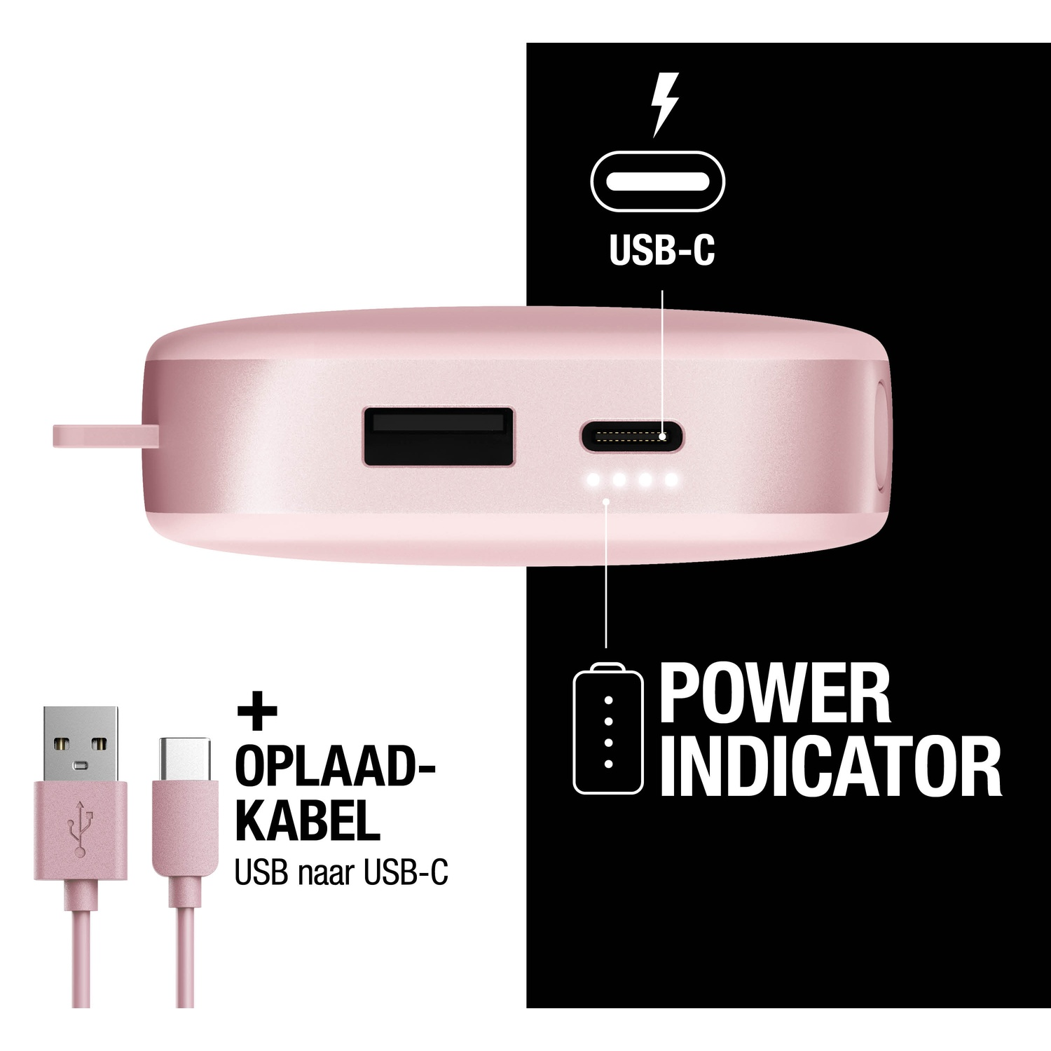 Roze powerbank met USB-C en USB poorten. USB-kabel en tekst 'oplaadkabel'. Zwarte achtergrond met stroomindicator.