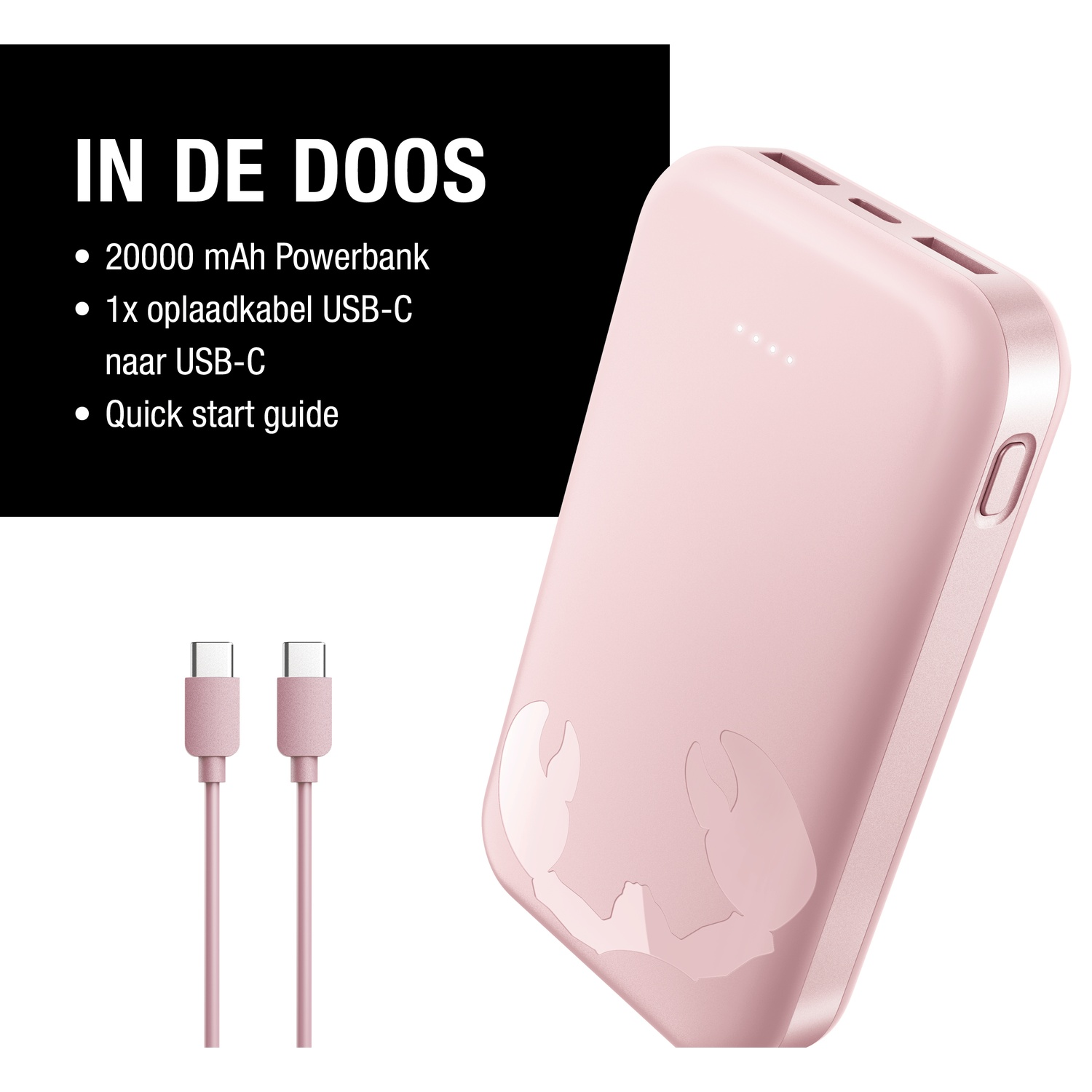 Batterie externe rose avec câbles USB-C et fond noir avec texte : Powerbank 20000 mAh, câble USB-C et guide de démarrage rapide.