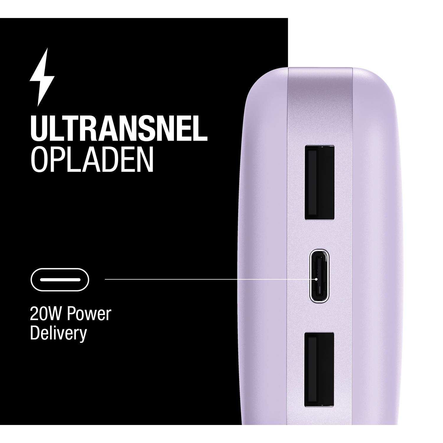 Une batterie externe violette avec ports USB et texte. 'ULTRASNEL OPLADEN' et '20W Power Delivery' sont écrits.