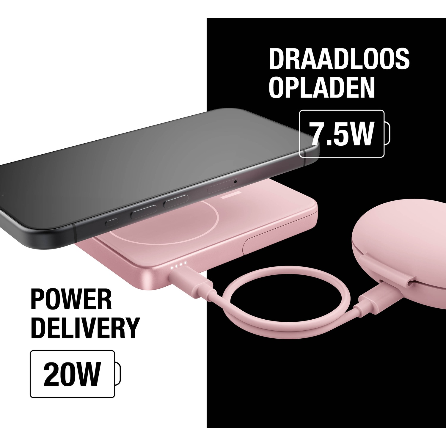 A black phone is on a pink wireless charger. The charger has a cable connected to a pink device. Text indicates 7.5W and 20W power.