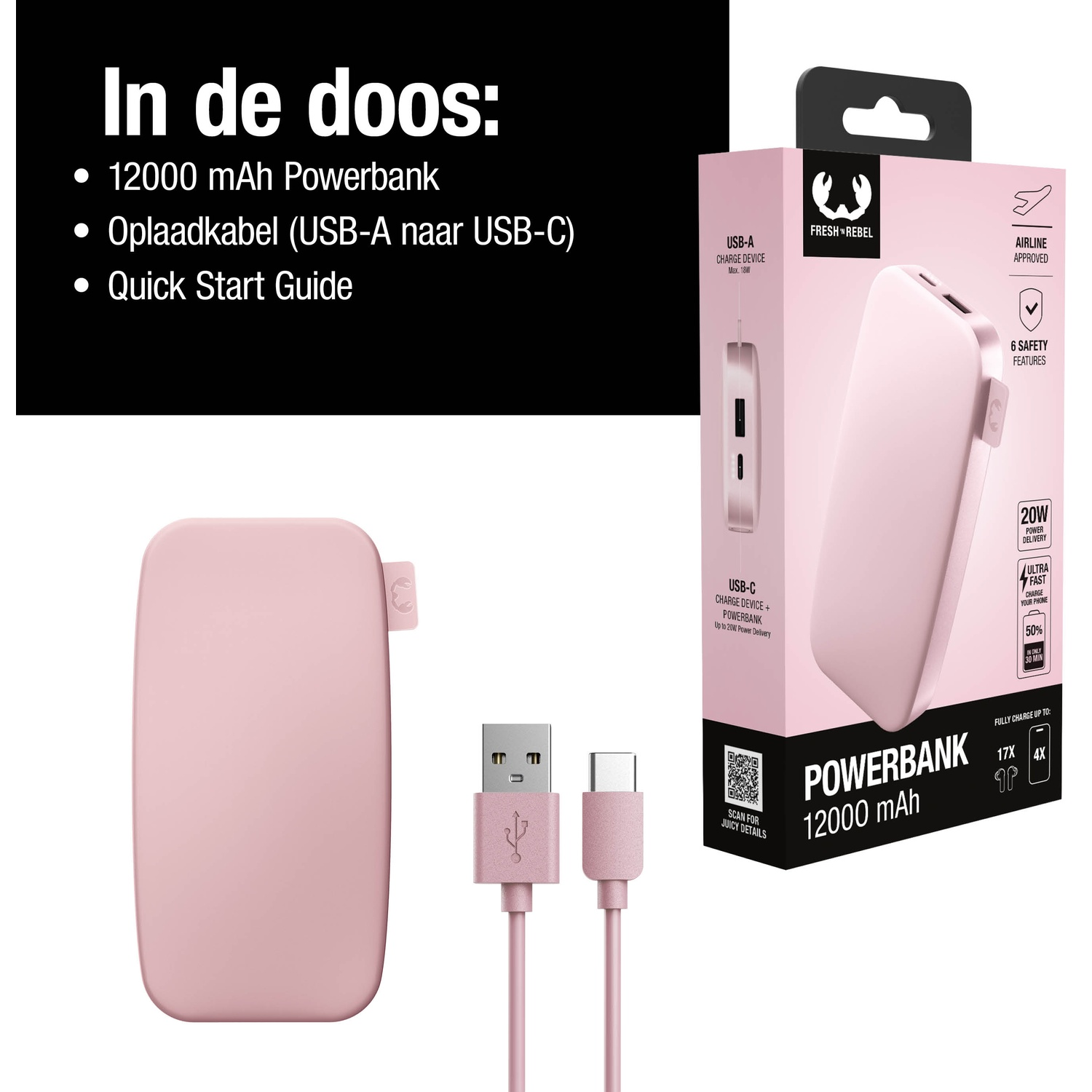 Roze powerbank met een USB-C kabel en doos met functies en specificaties. Tekst vermeldt 12000 mAh, snel opladen en veiligheid.