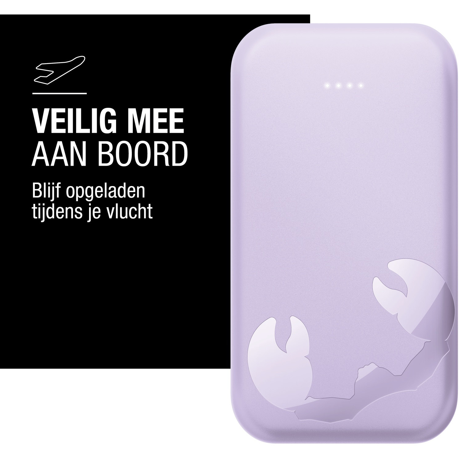 Une batterie externe violette avec un motif de crabe. Le texte à gauche dit 'Sûr à bord' et 'Restez chargé pendant votre vol'.