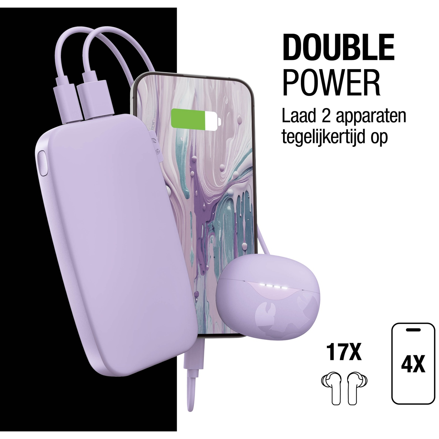 Een paarse powerbank, telefoon en oordopjes worden getoond. De telefoon toont een oplaadbatterij. Tekst: 'Double Power' en 'laad 2 apparaten'.