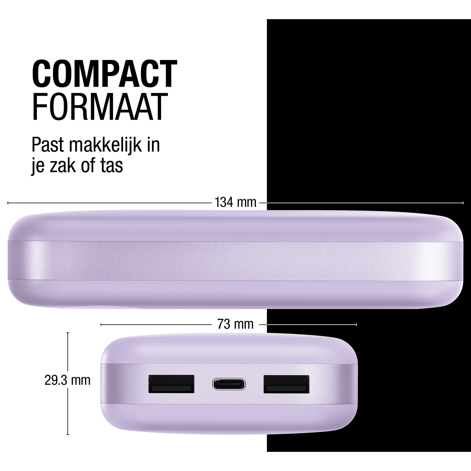 Une batterie externe compacte, lavande, avec dimensions. Le texte indique 'COMPACT FORMAAT' et 'Past makkelijk in je zak of tas'.
