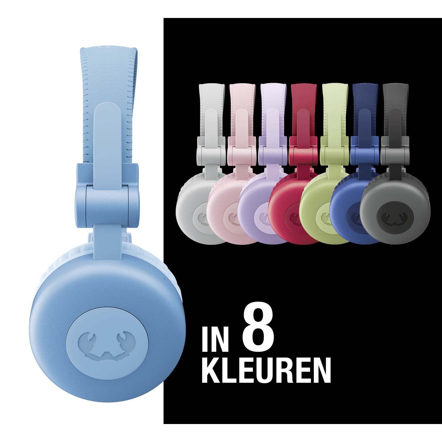 Blauwe koptelefoon links. Acht verschillend gekleurde koptelefoons op zwarte achtergrond, met tekst 'IN 8 KLEUREN'.