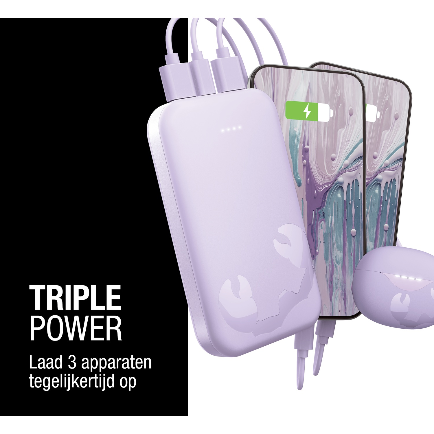 Une batterie externe chargeant deux téléphones et des écouteurs. Les téléphones affichent la charge. Le texte à gauche dit 'Triple Power'.