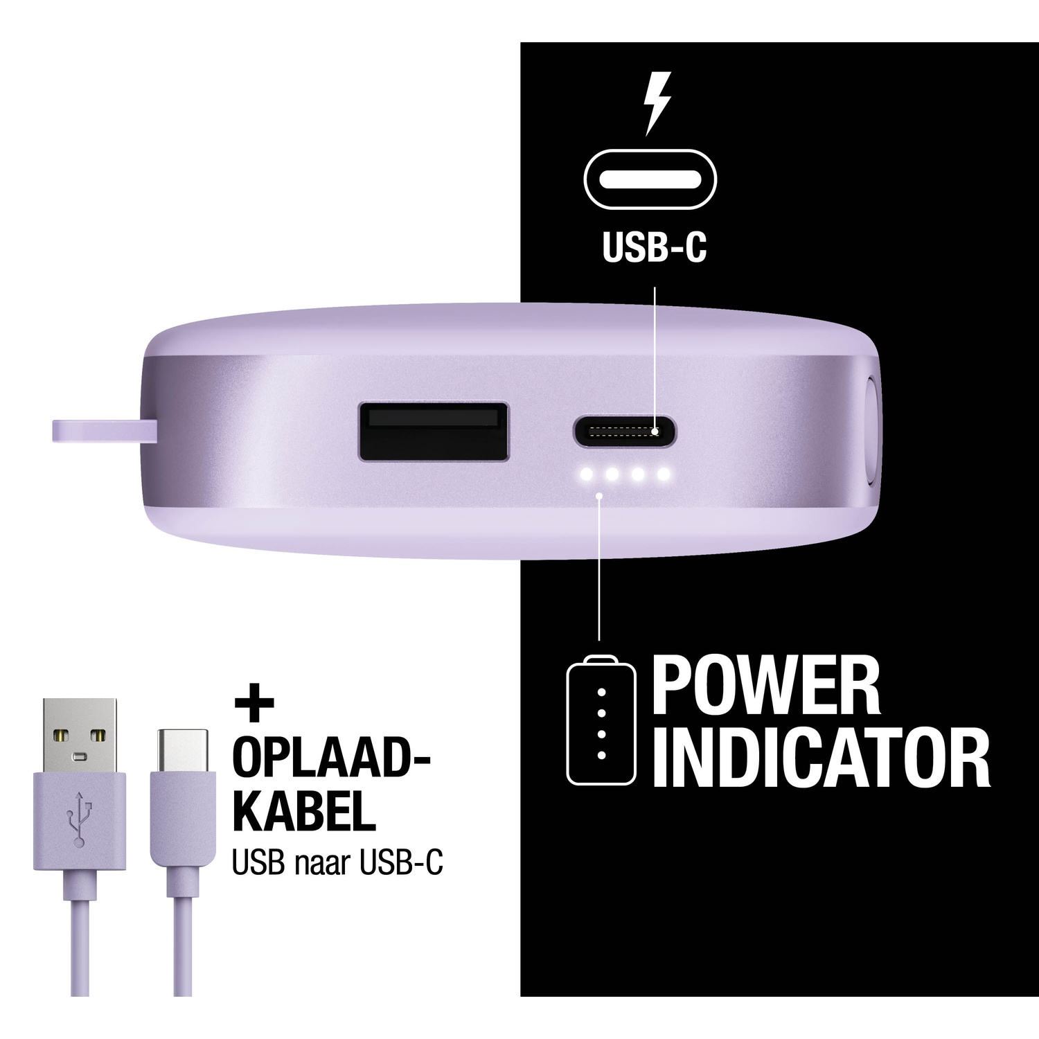 Een paarse powerbank met USB- en USB-C-poorten. Inclusief een USB naar USB-C oplaadkabel. Stroomindicator en USB-C-symbool worden getoond.