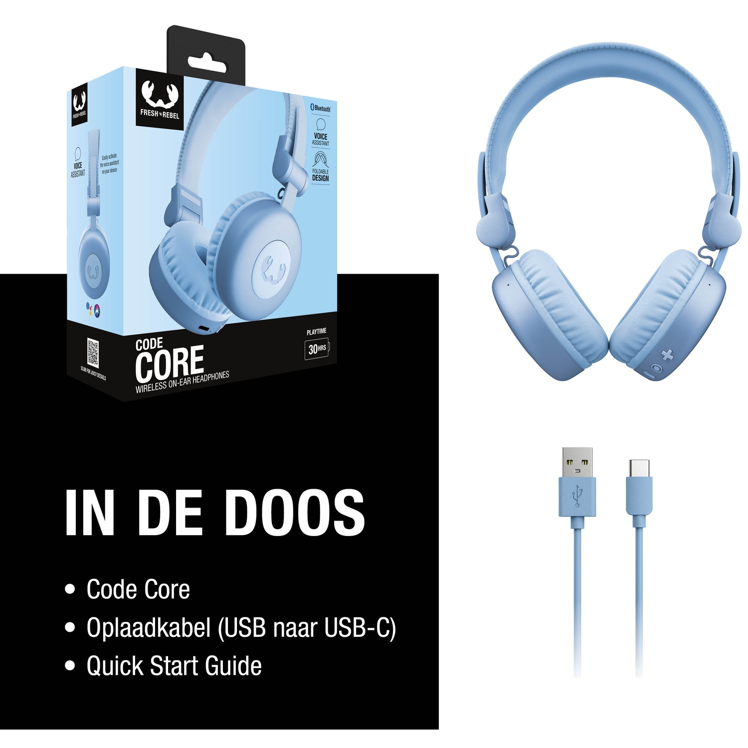 Afbeelding toont een lichtblauwe draadloze koptelefoon, de doos en USB-kabels. Tekst: Code Core, Voice Assistant en Fresh Rebel.