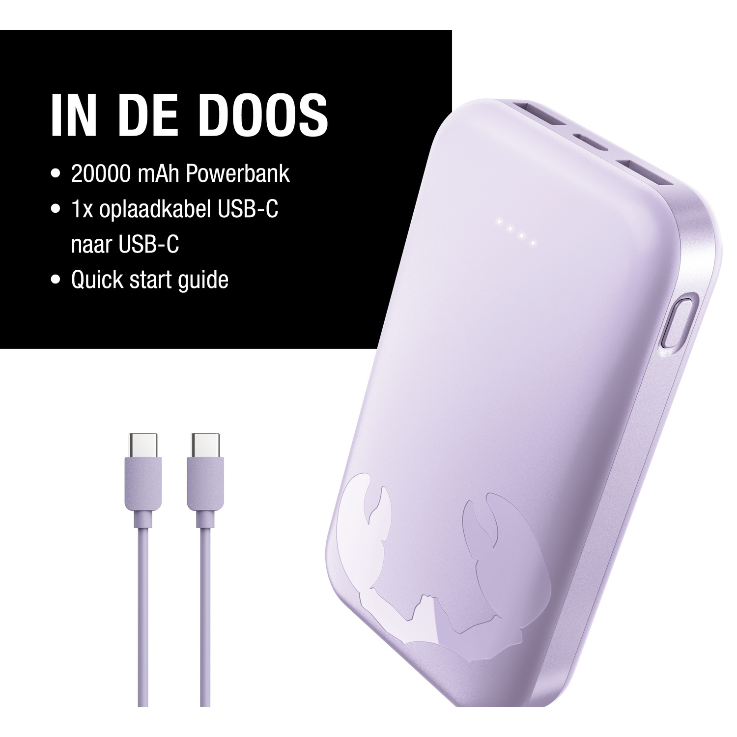 Une batterie externe violet clair avec des câbles USB-C et une boîte noire avec les mots 'IN DE DOOS' et les descriptions des articles.