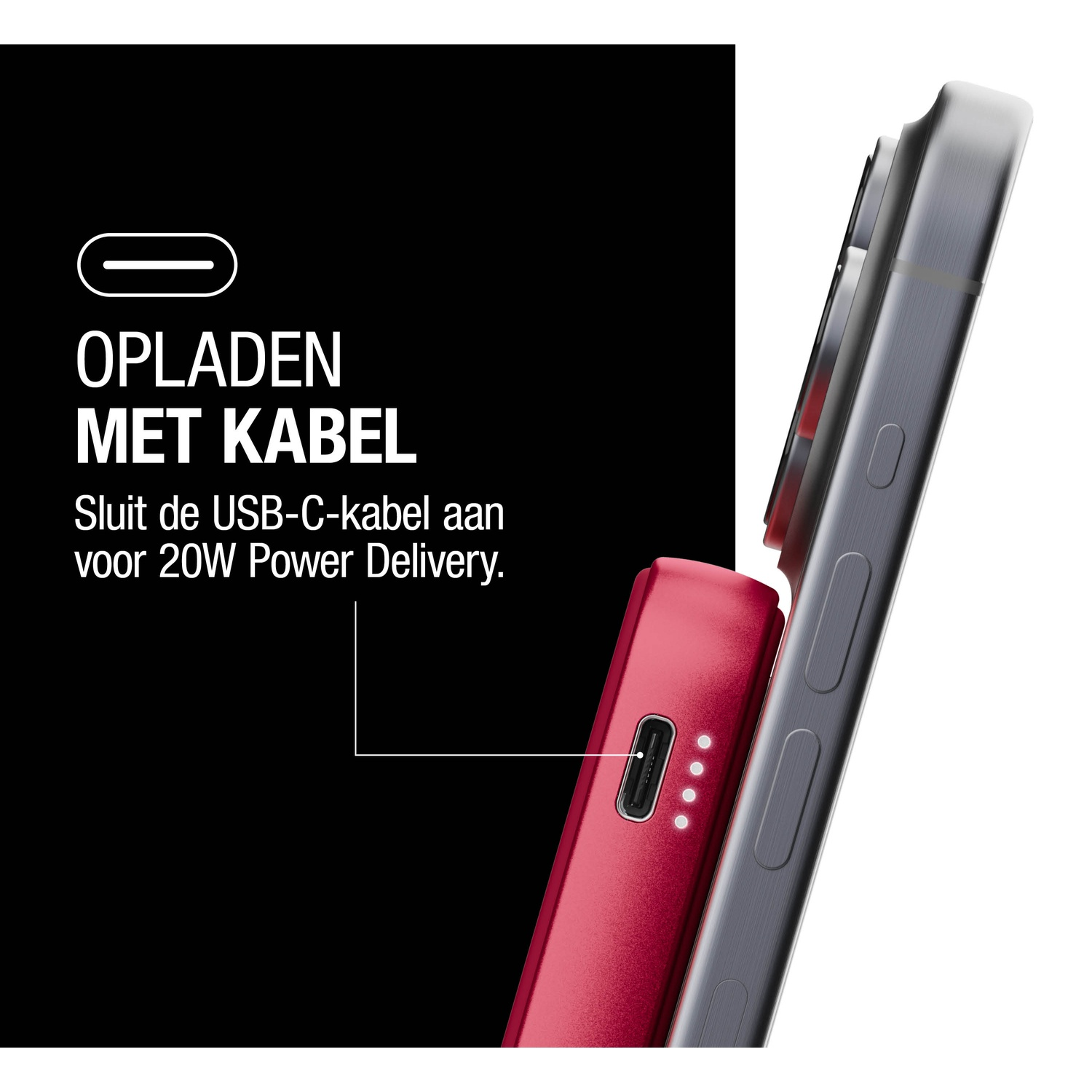 Image shows a red power bank and a gray phone. Text on a black background says 'Charging with cable'.