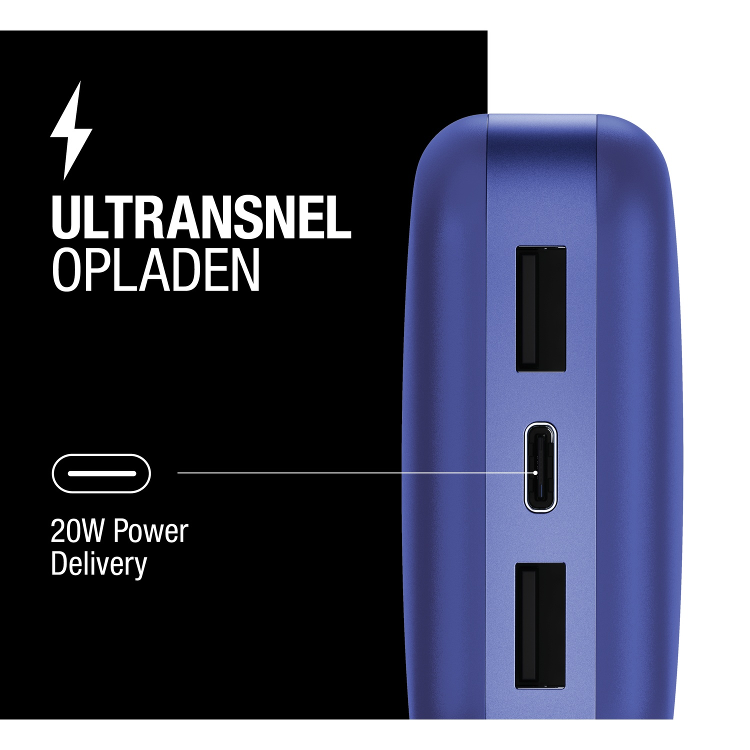 Een blauwe powerbank met USB-poorten en een USB-C-poort. Tekst luidt 'Ultransnel Opladen' en '20W Power Delivery'.