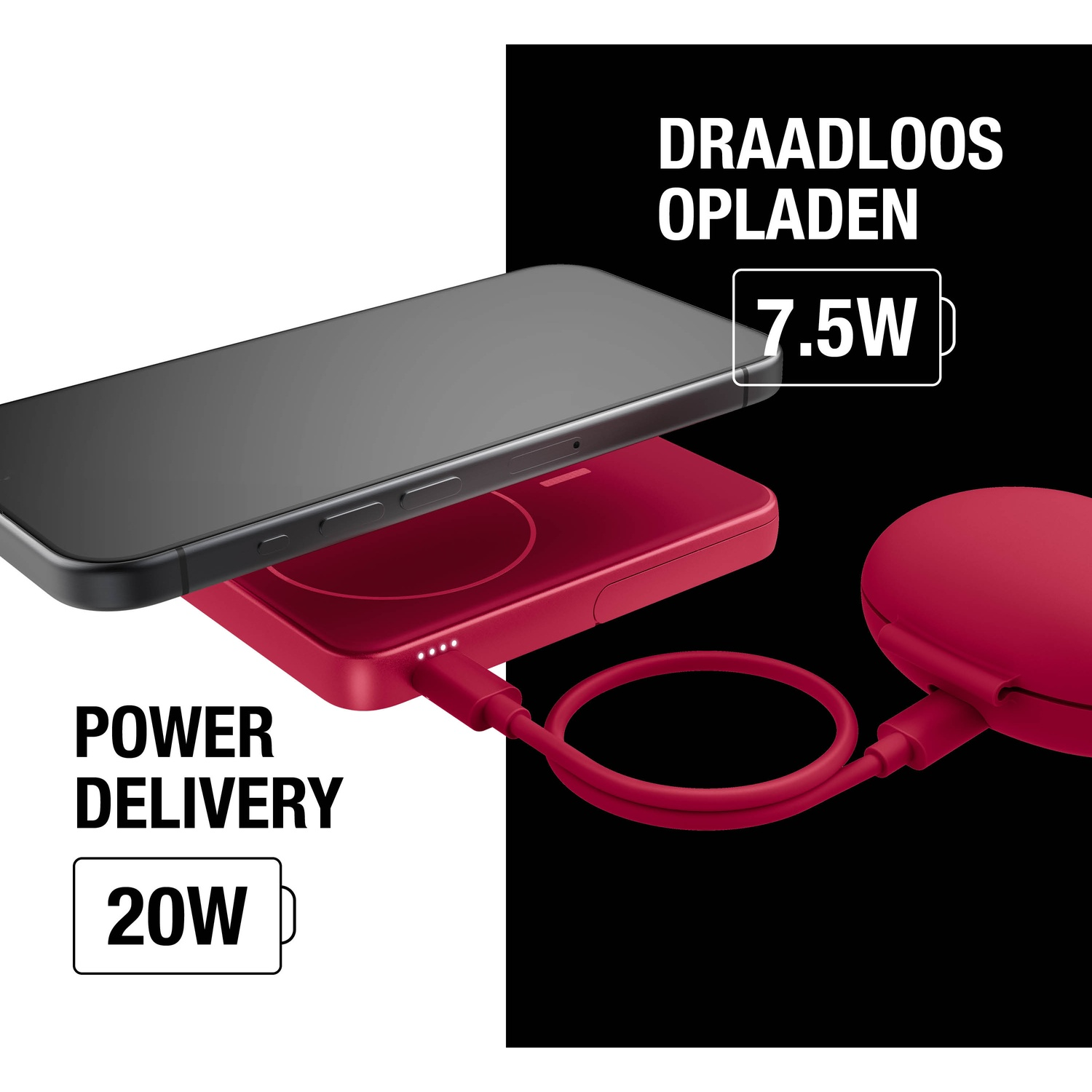 A black phone is wirelessly charging on a red charging pad, with text indicating 7.5W and 20W power delivery.