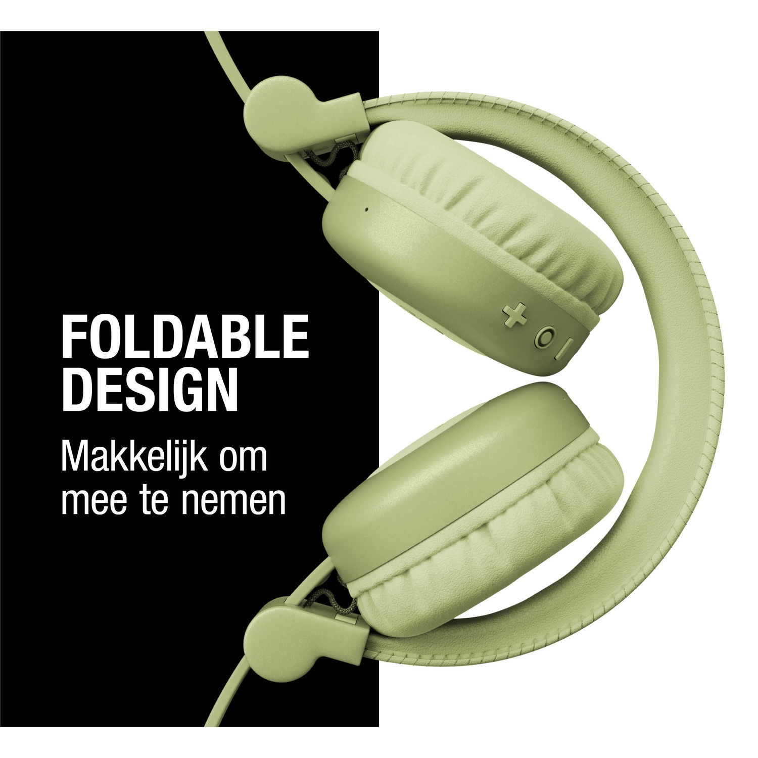 Groene opvouwbare koptelefoon met '+' en 'O' knoppen. Tekst: 'Foldable Design. Makkelijk om mee te nemen' (Gemakkelijk mee te nemen).