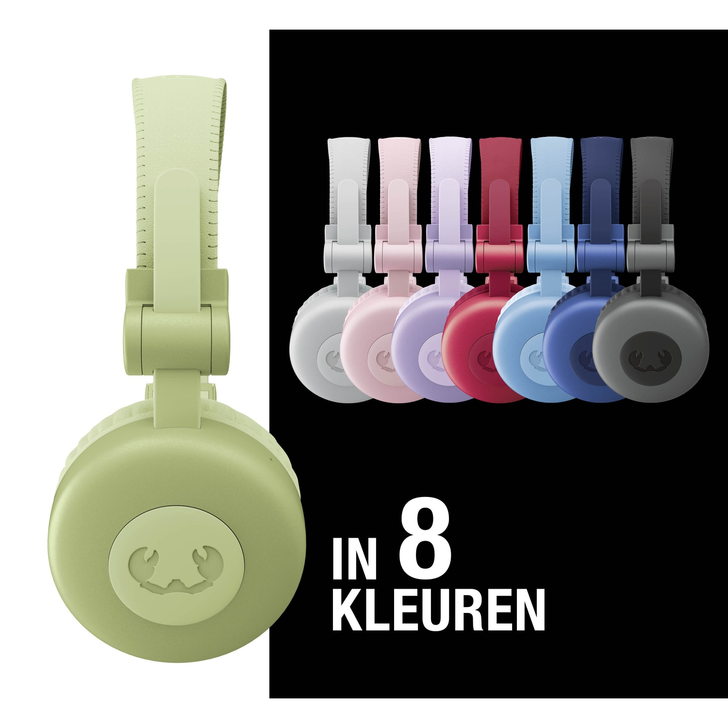 Hoofdtelefoons in 8 kleuren. Groene hoofdtelefoon links. Andere kleuren zijn wit, roze, paars, rood, blauw, donkerblauw en grijs.
