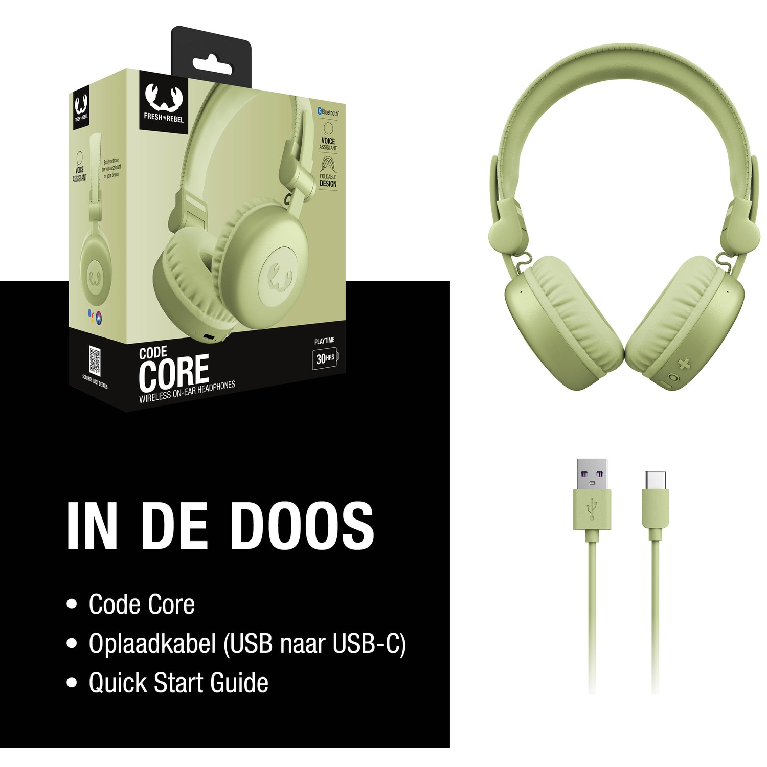 Afbeelding toont hoofdtelefoon, doos en kabels. Hoofdtelefoon is lichtgroen. Doos zegt 'Code Core'. Kabels zijn USB naar USB-C.