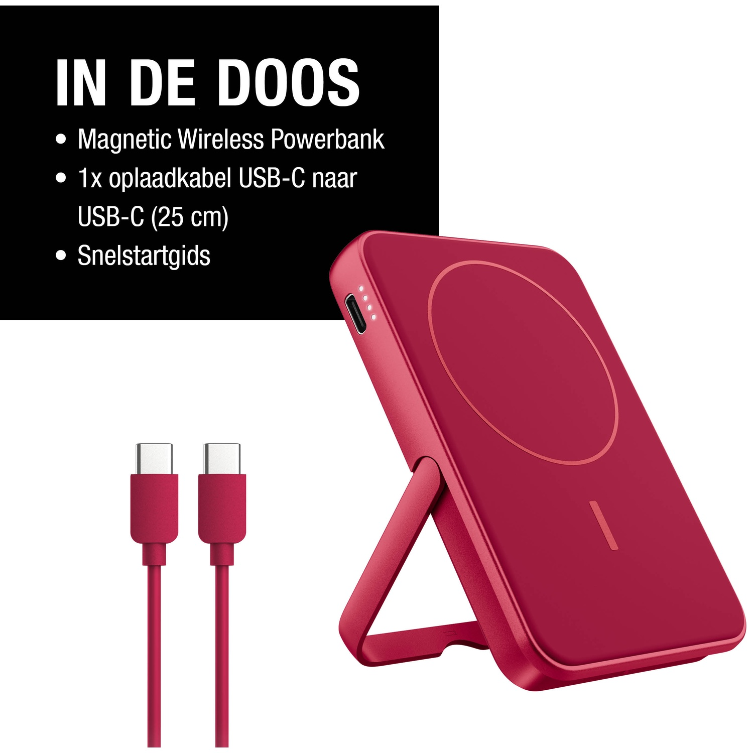 A red magnetic wireless power bank with a USB-C cable and a quick start guide is displayed on a white background.