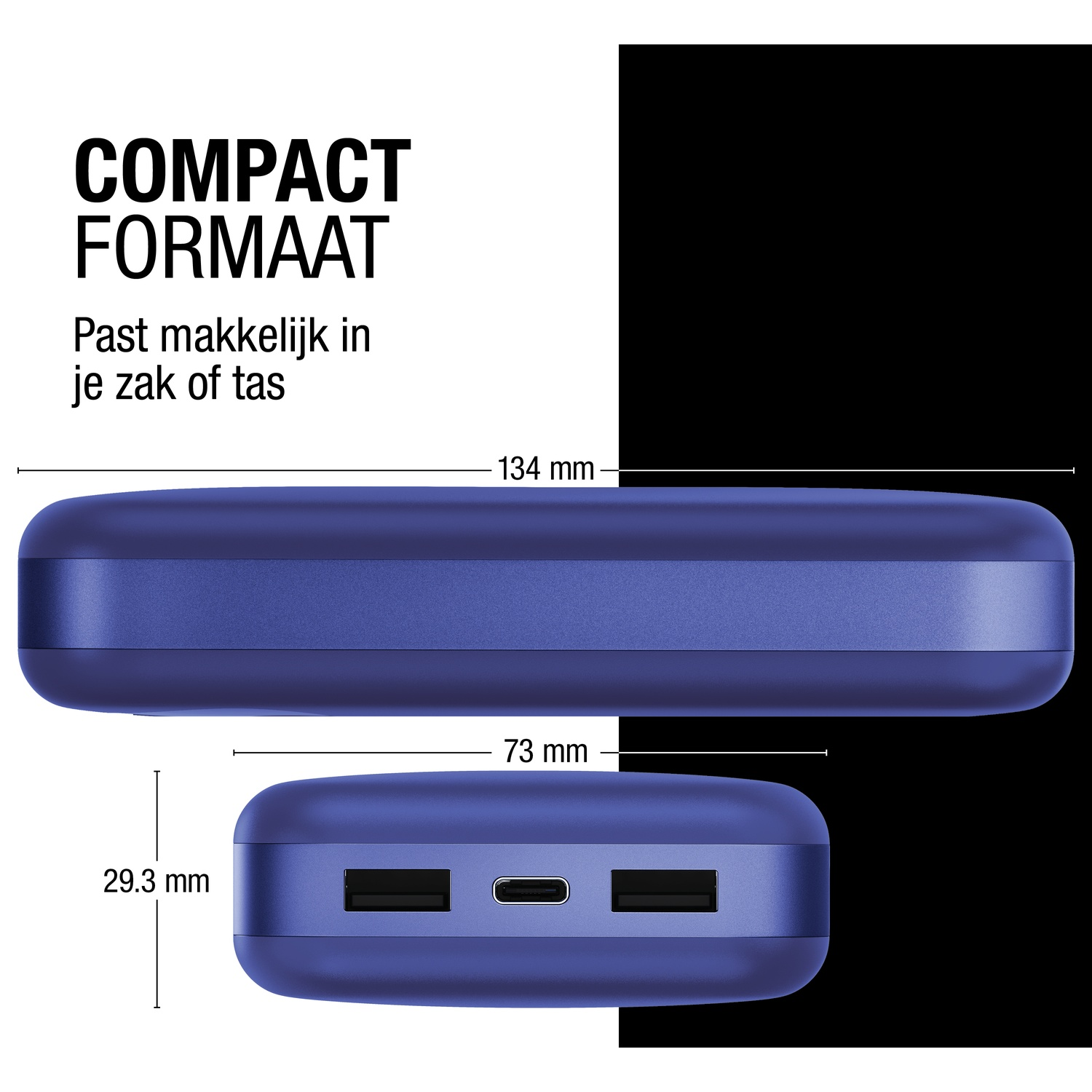 Een blauwe powerbank met afmetingen. De tekst luidt 'Compact formaat'. De afbeelding toont de boven- en voorkant van het apparaat.