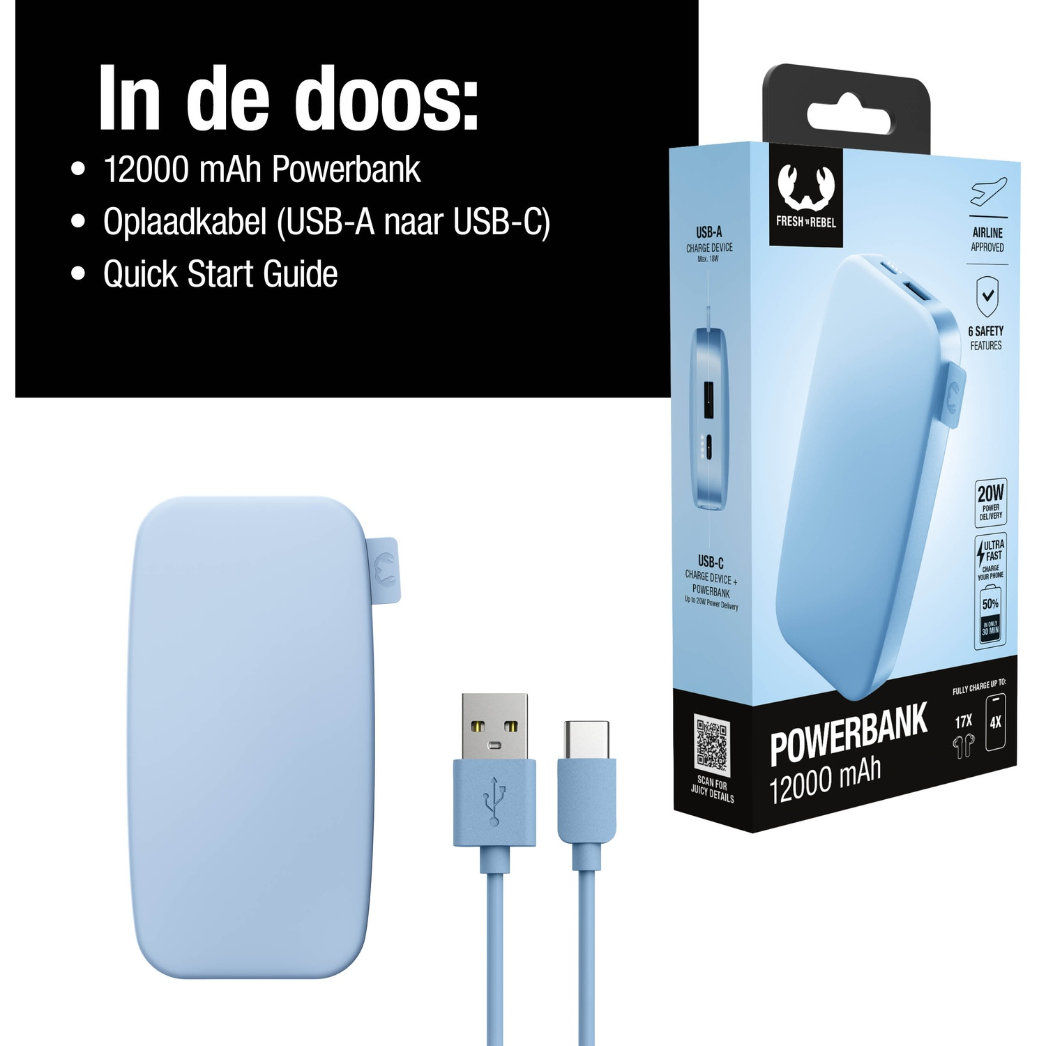 Een lichtblauwe powerbank, kabel en verpakking. Tekst bevat: 12000 mAh, USB-A naar USB-C en Snelstartgids.