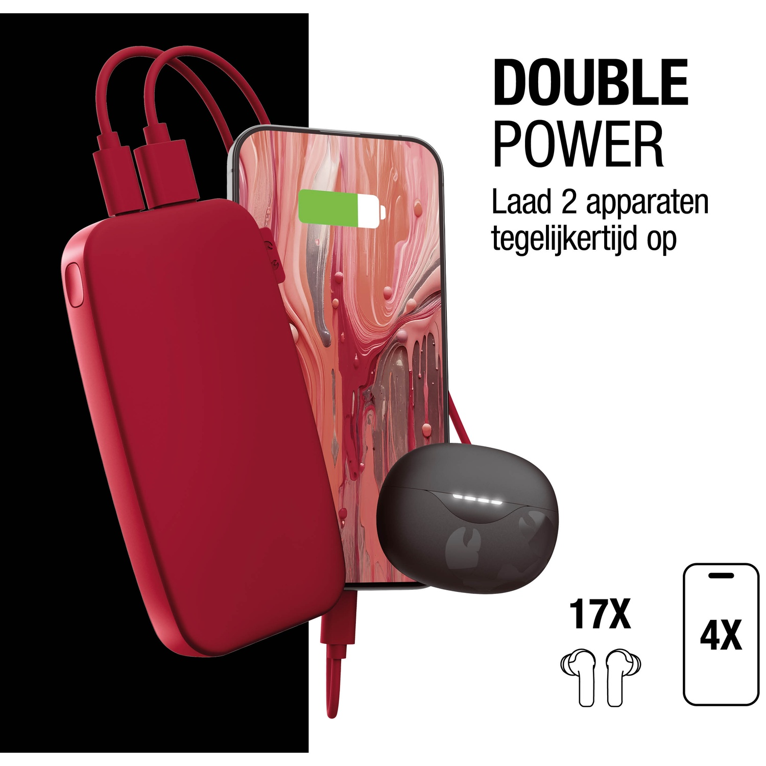 Rode powerbank die een telefoon en oordopjes oplaadt. Tekst zegt 'DOUBLE POWER' en 'Laad 2 apparaten tegelijkertijd op'.