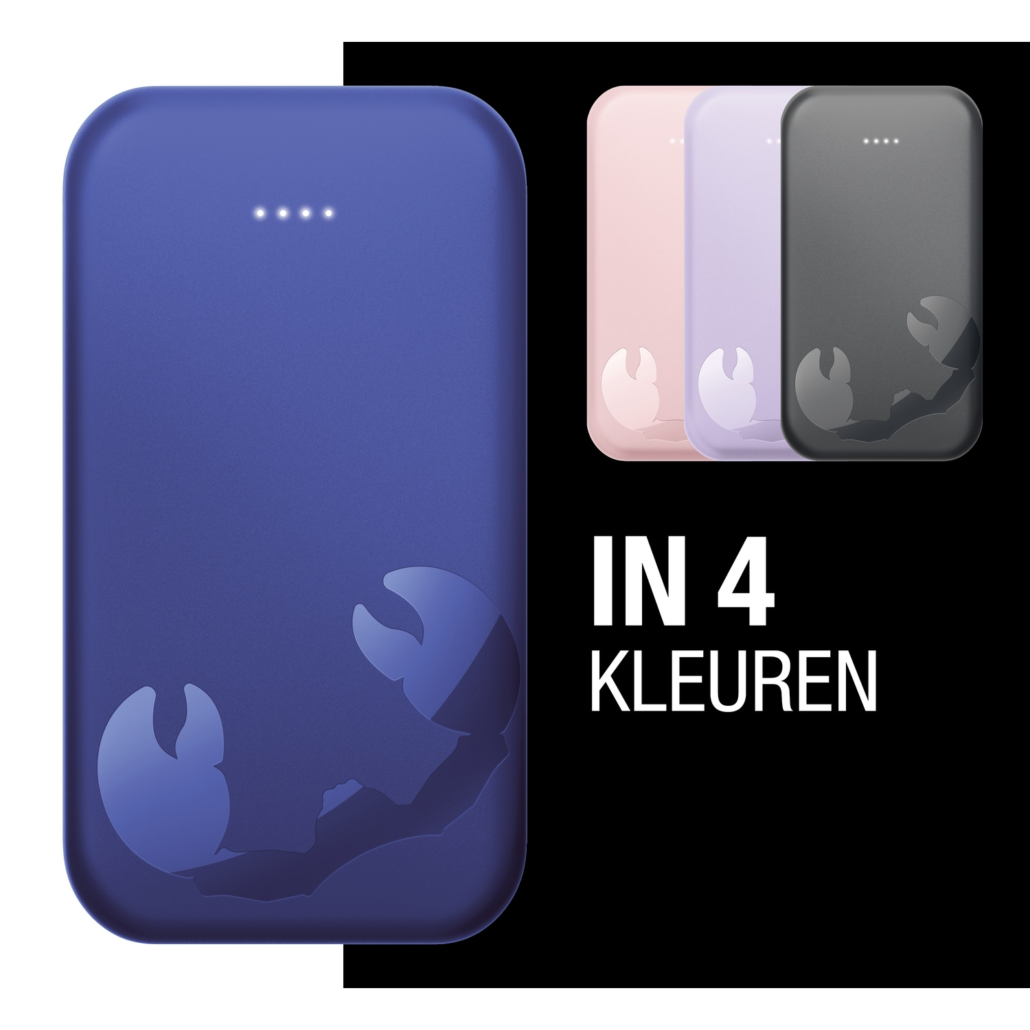 Afbeelding toont een blauwe telefoonoplader met een krabontwerp. Drie andere opladers zijn te zien in roze, paars en grijs. Tekst zegt 'IN 4 KLEUREN'.