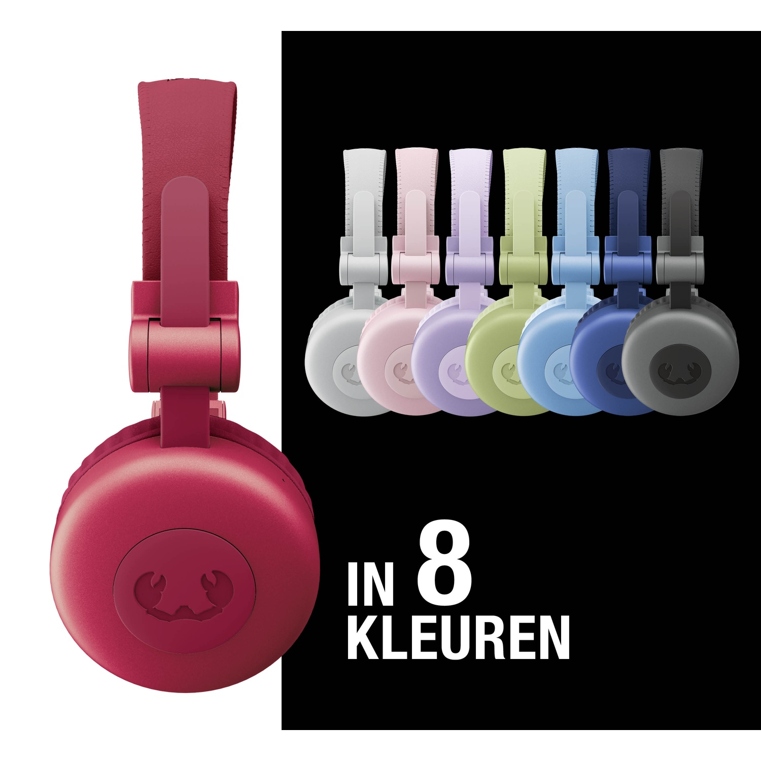 Hoofdtelefoons in acht kleuren: rood, wit, roze, paars, groen, lichtblauw, donkerblauw en grijs. Zwarte achtergrond met tekst.