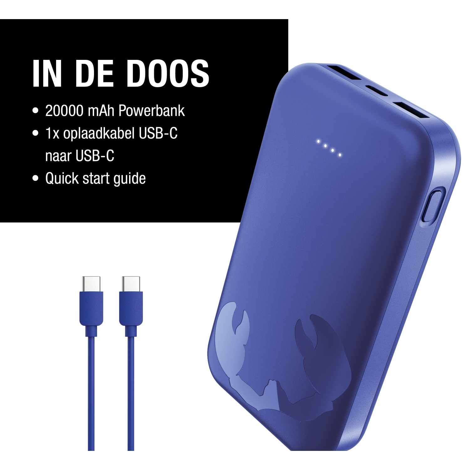 Een blauwe powerbank met een USB-C-kabel en een snelstartgids worden weergegeven. Tekst zegt: 20000 mAh Powerbank, 1x USB-C kabel.
