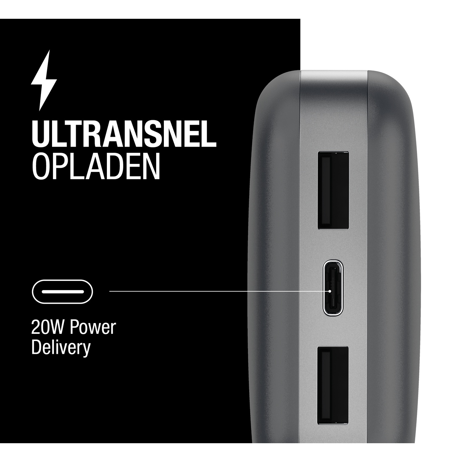Une banque d'alimentation grise avec ports USB et USB-C. Texte: 'Ultralfast opladen' et '20W Power Delivery' sur fond noir.