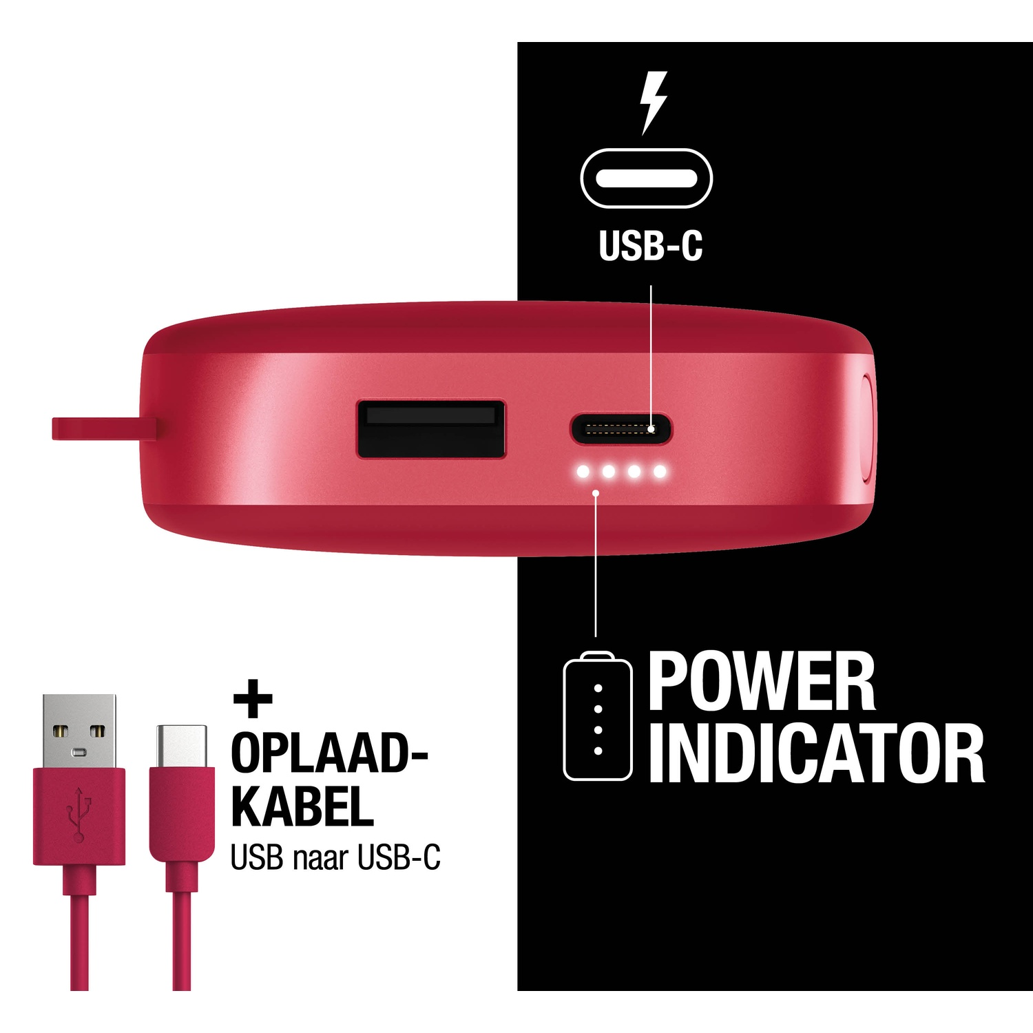Een rode powerbank met USB-C, stroomindicator en USB-kabel. De tekst luidt: OPLAAD-KABEL USB naar USB-C.