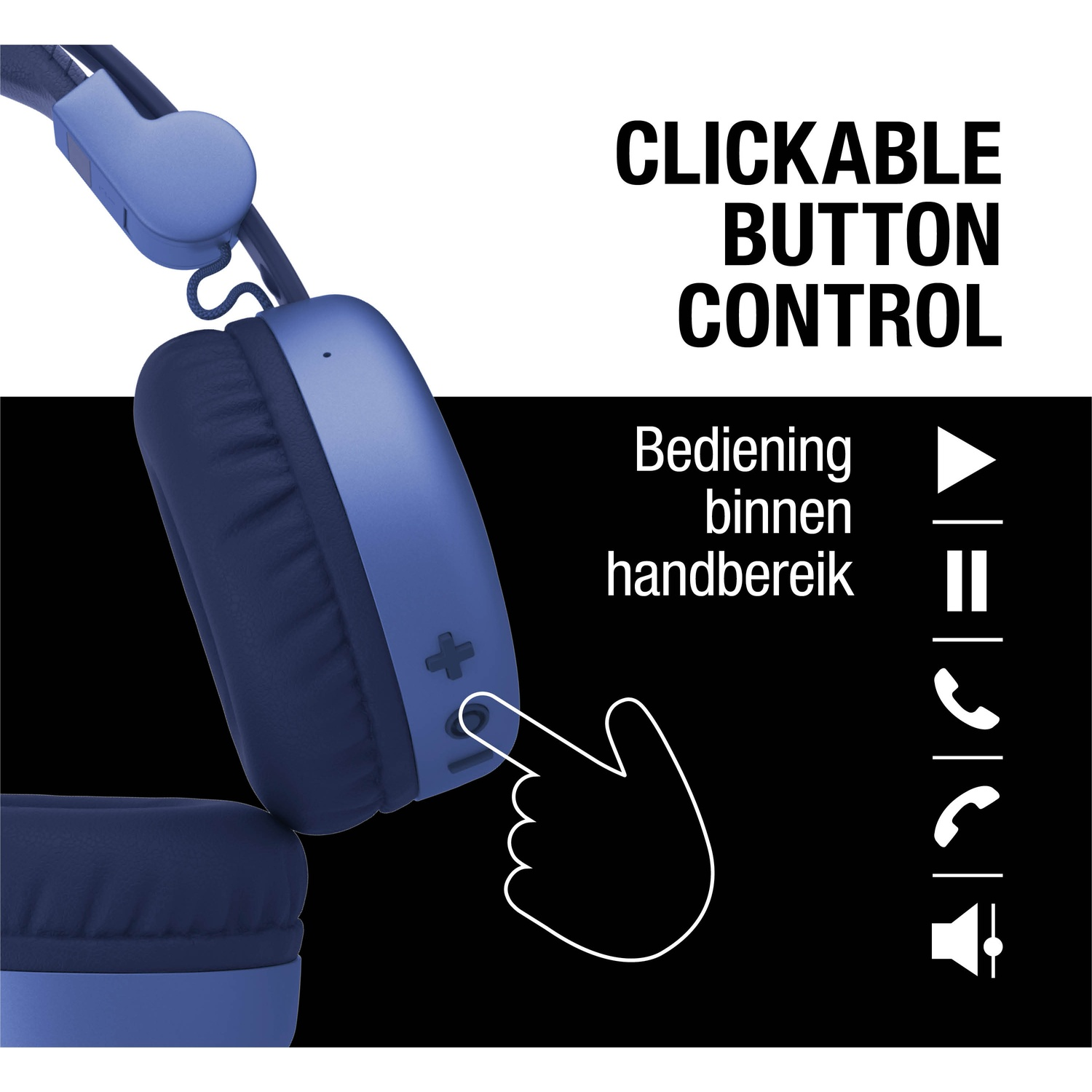 Blauwe koptelefoon met klikbare knopbediening, hand wijst naar knop. Tekst: Bediening binnen handbereik, icoon indicatoren.
